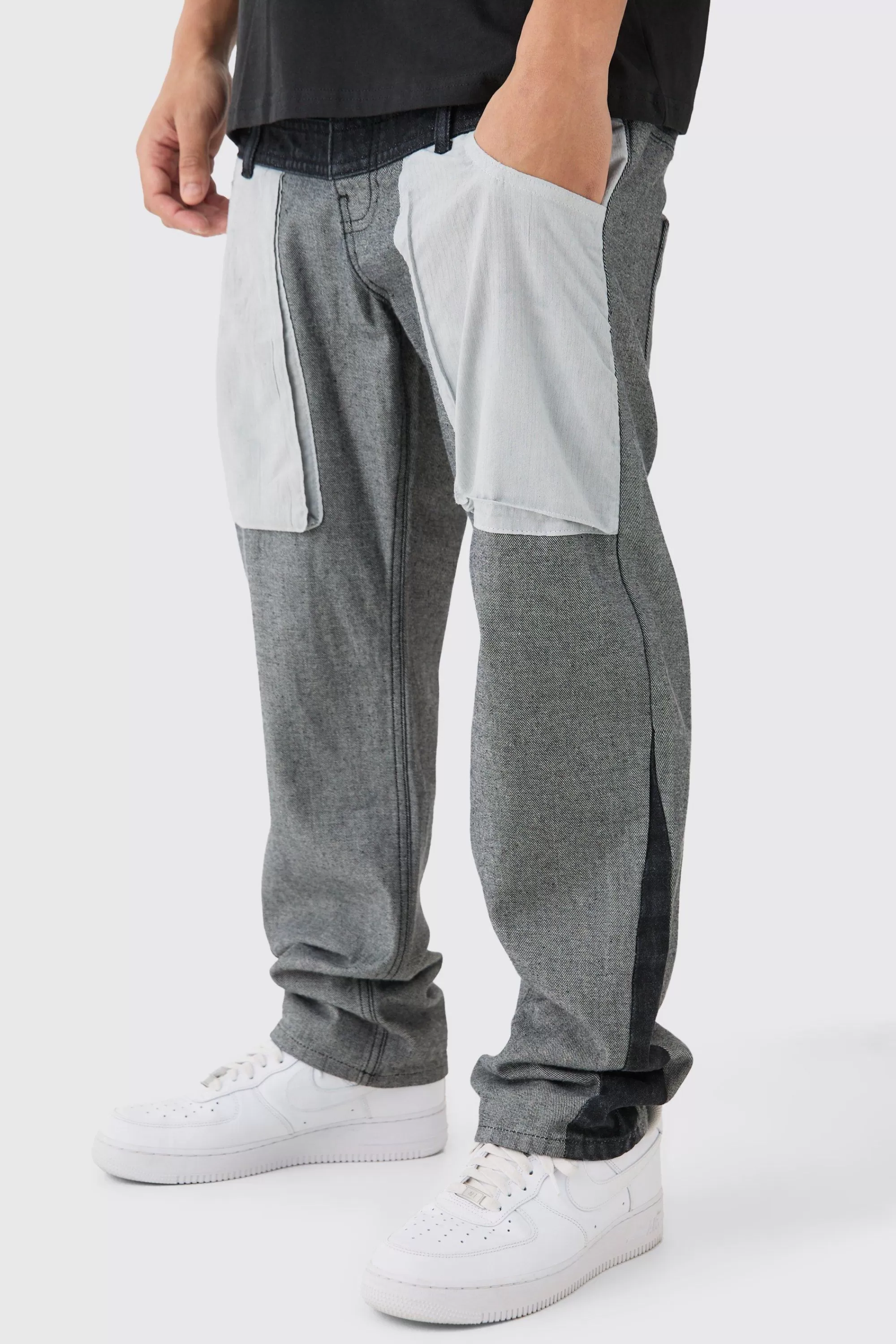 boohooMAN Relaxed Rigid Double Waistband Reverse Cut & Sew Denim Jean | UK