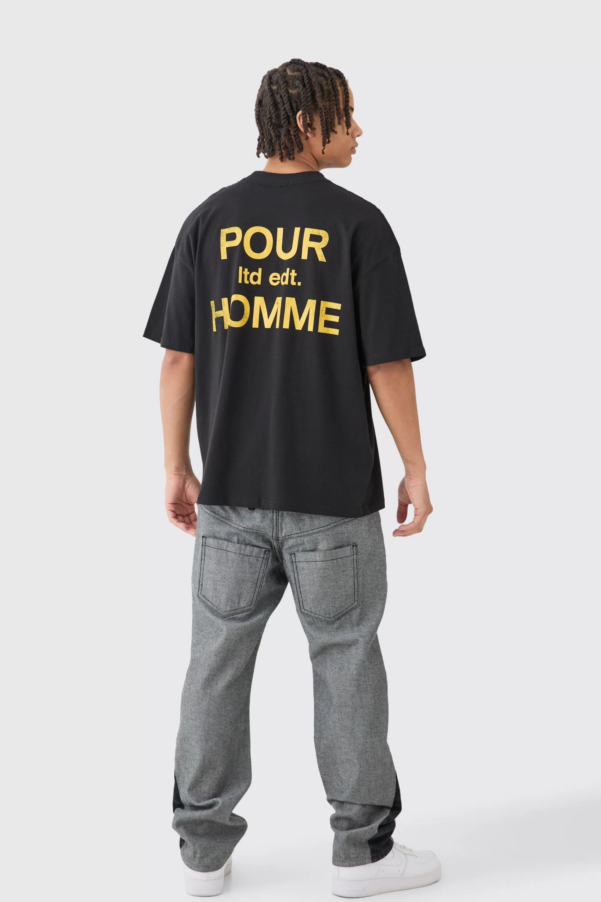 boohooMAN Relaxed Rigid Double Waistband Reverse Cut & Sew Denim Jean | UK
