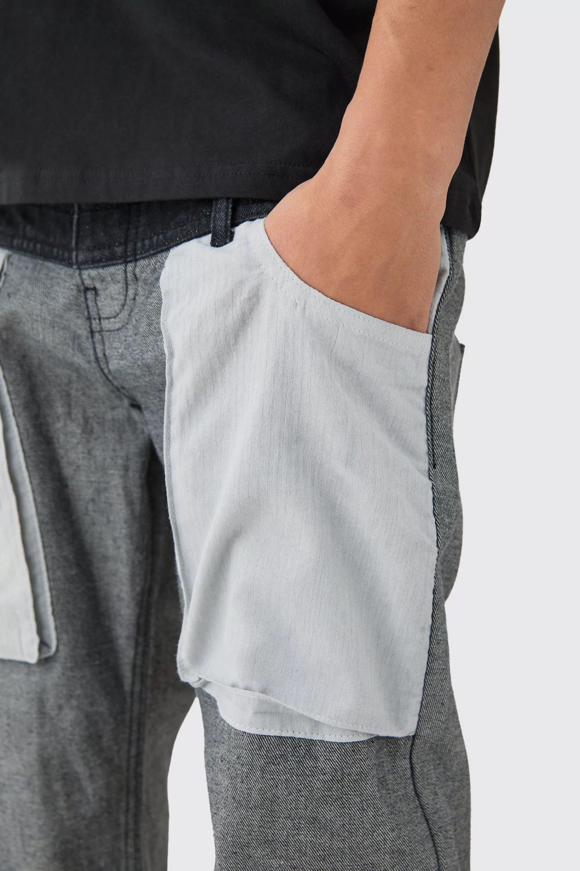 boohooMAN Relaxed Rigid Double Waistband Reverse Cut & Sew Denim Jean | UK