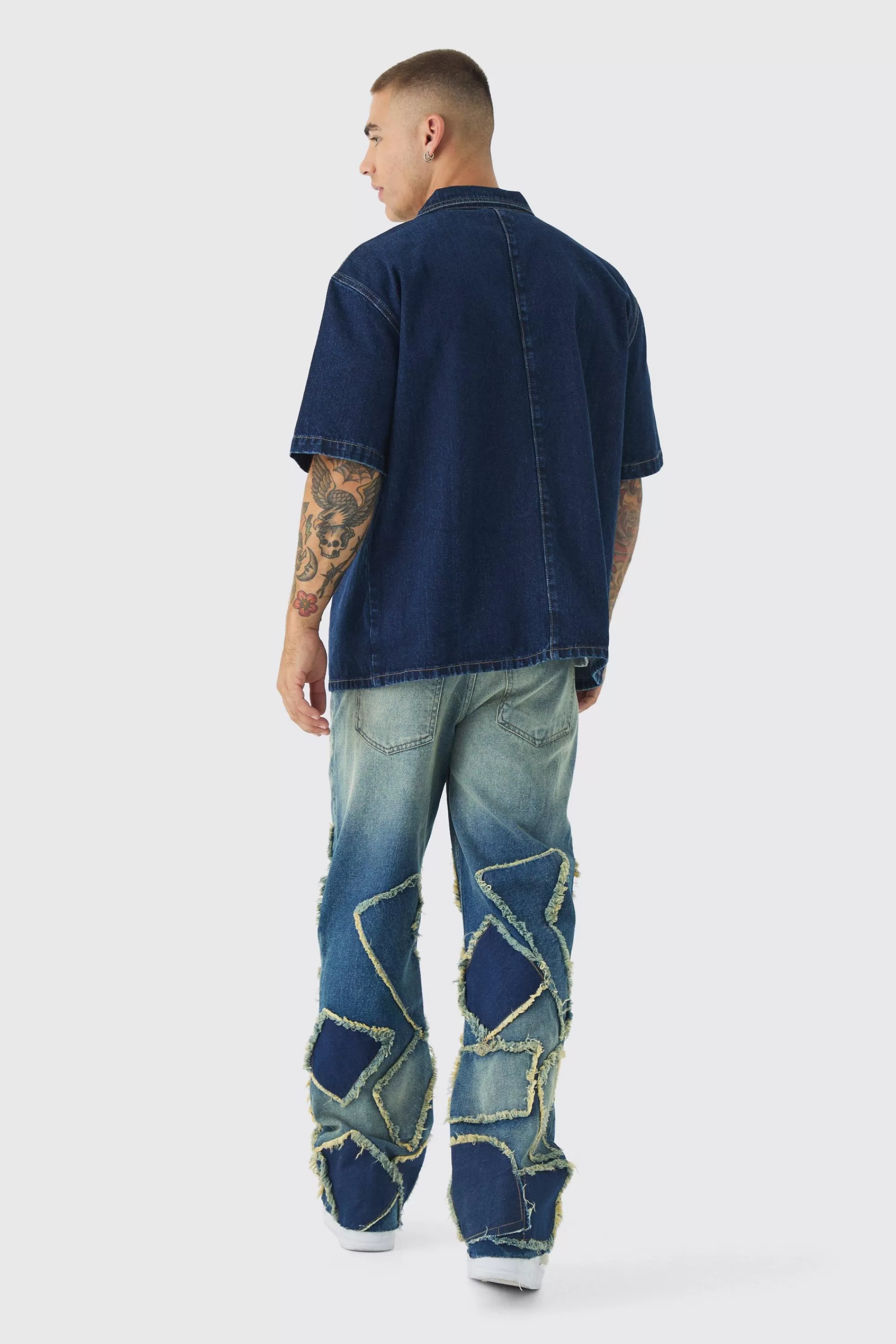 boohooMAN Relaxed Rigid Flare Patchwork Distressed Jeans | UK