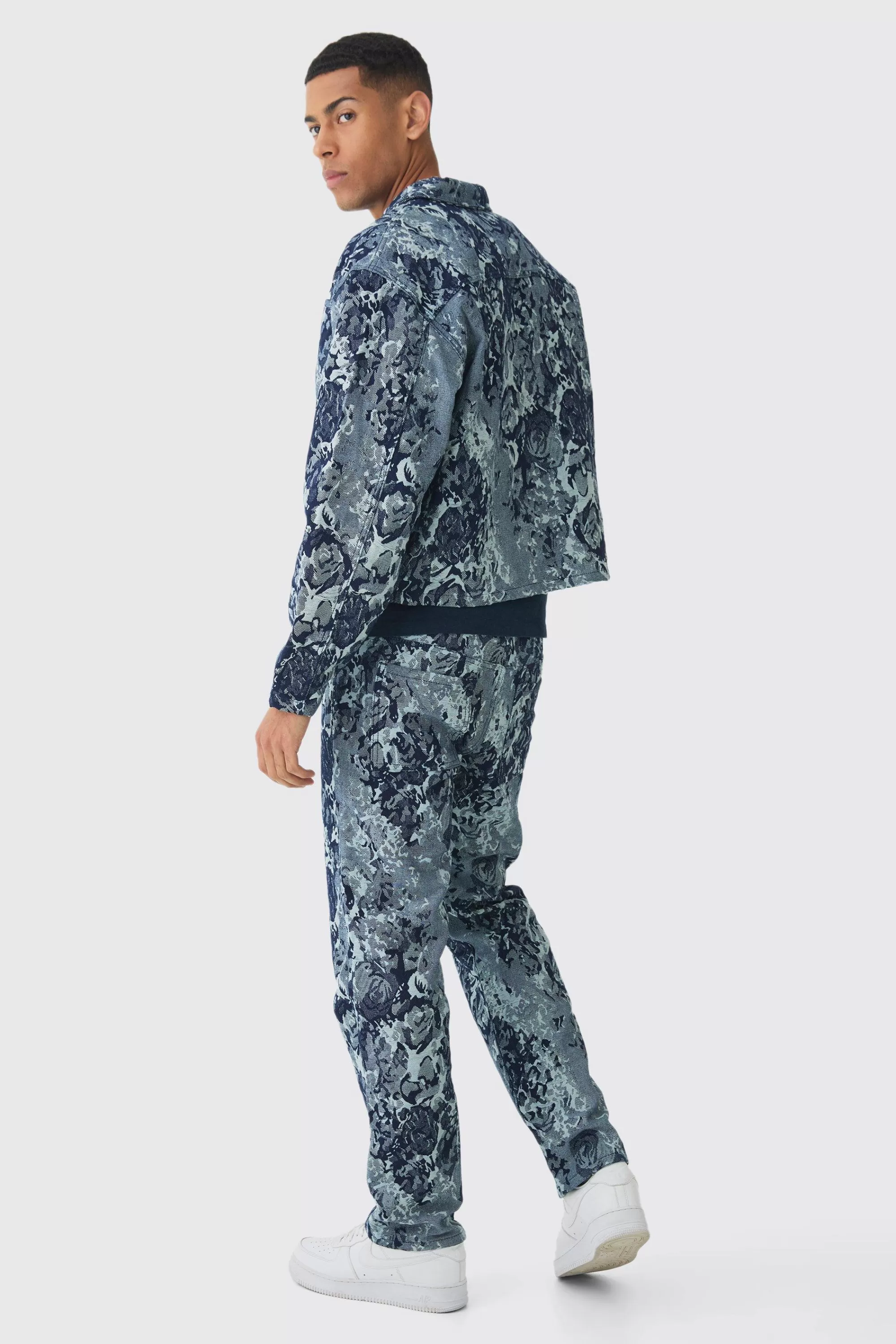 boohooMAN Relaxed Rigid Floral Jacquard Jeans | UK