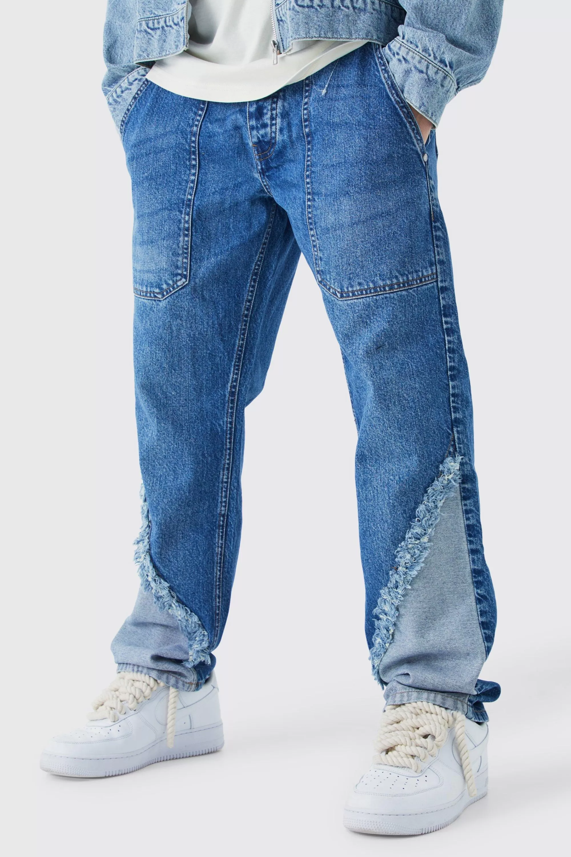 boohooMAN Relaxed Rigid Frayed Spliced Jeans In | UK