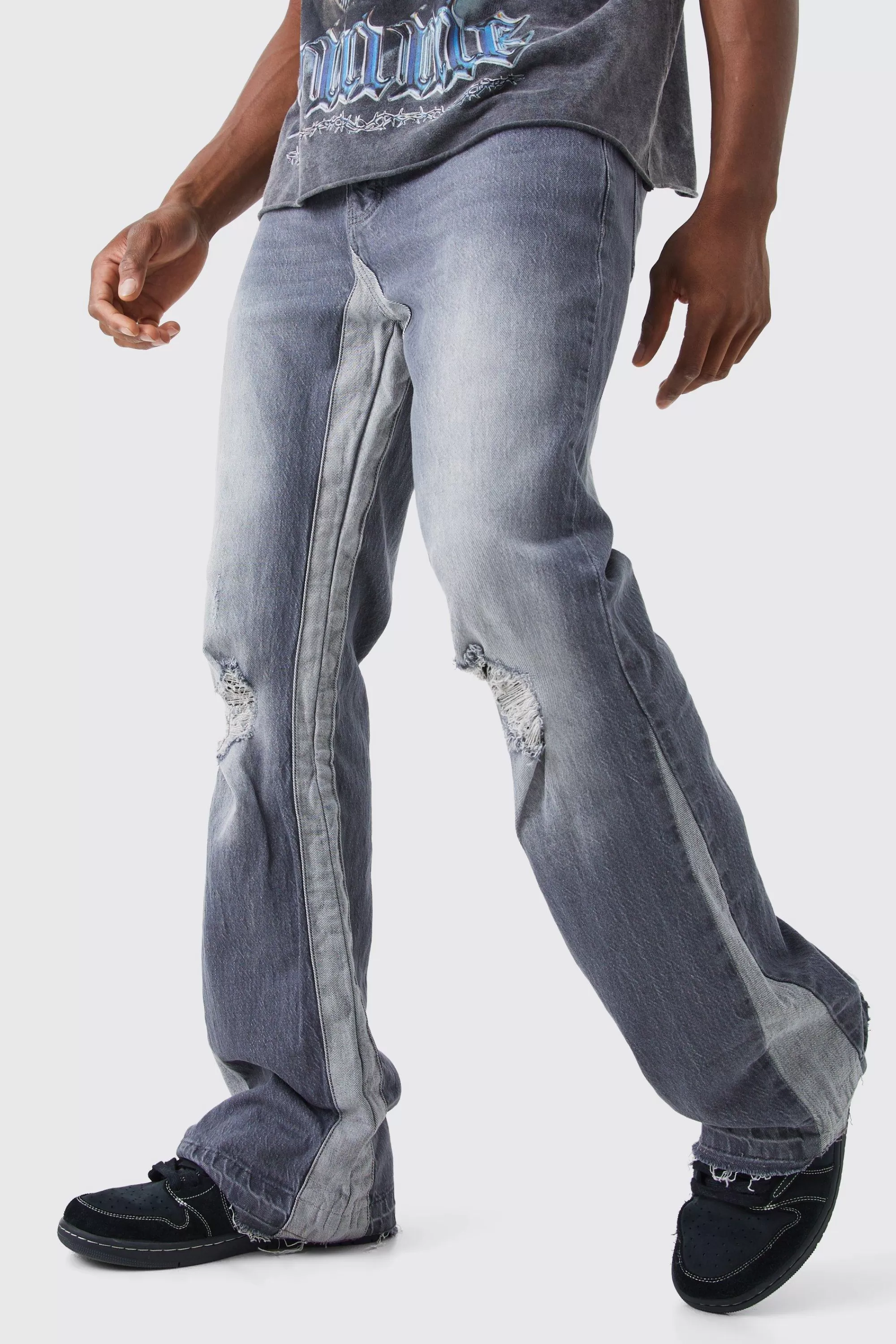 boohooMAN Relaxed Rigid Gusset Flare Washed Ripped Jeans | UK