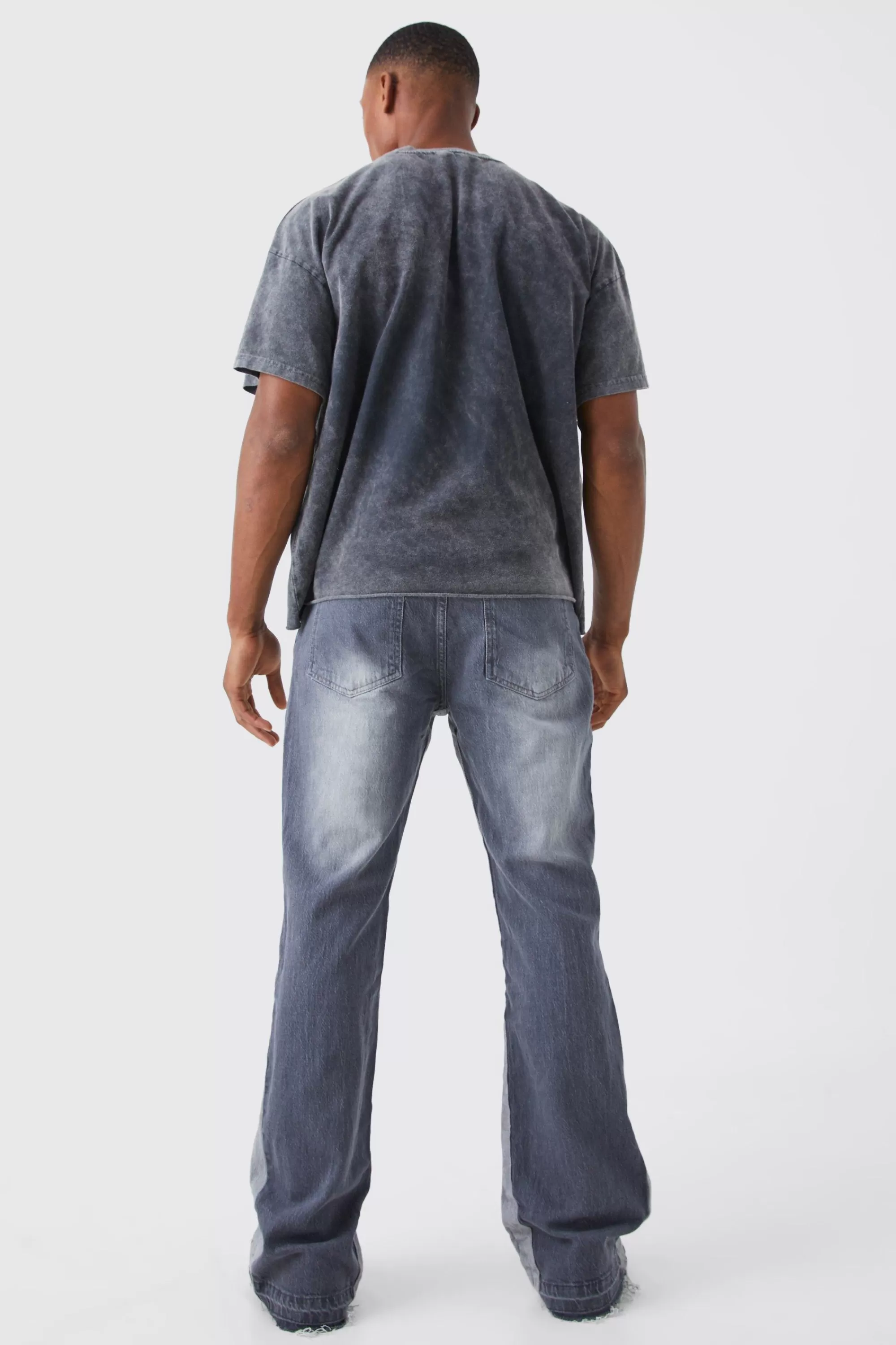 boohooMAN Relaxed Rigid Gusset Flare Washed Ripped Jeans | UK