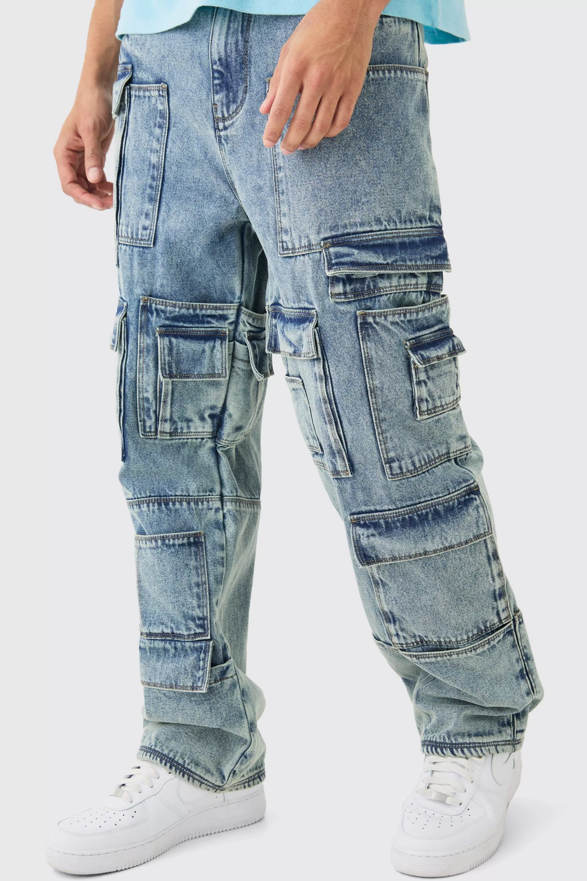 boohooMAN Relaxed Rigid Multi Pocket Cargo Jeans In Tinted Blue | UK