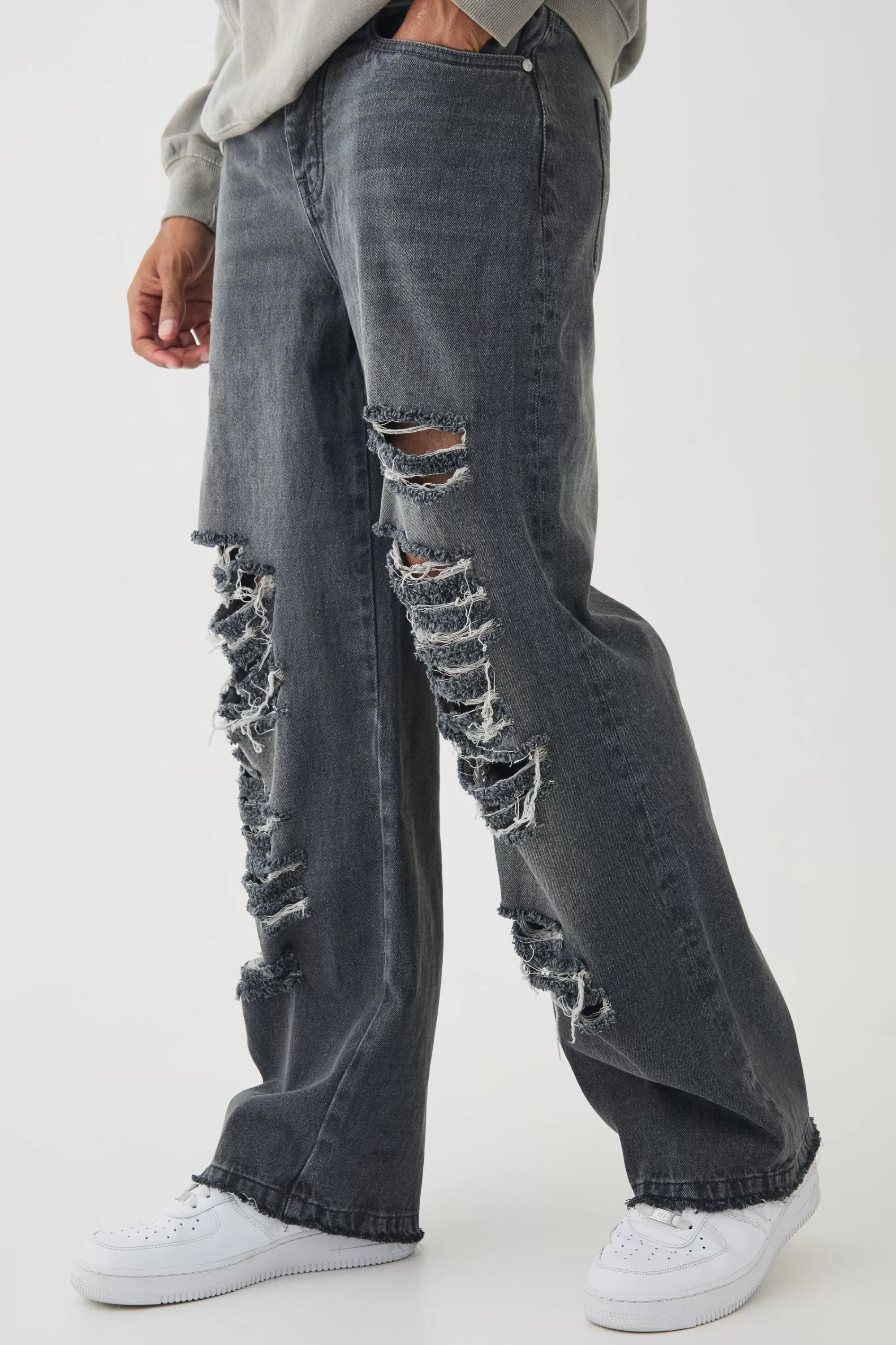 boohooMAN Relaxed Rigid Official Print Ripped Jeans | UK