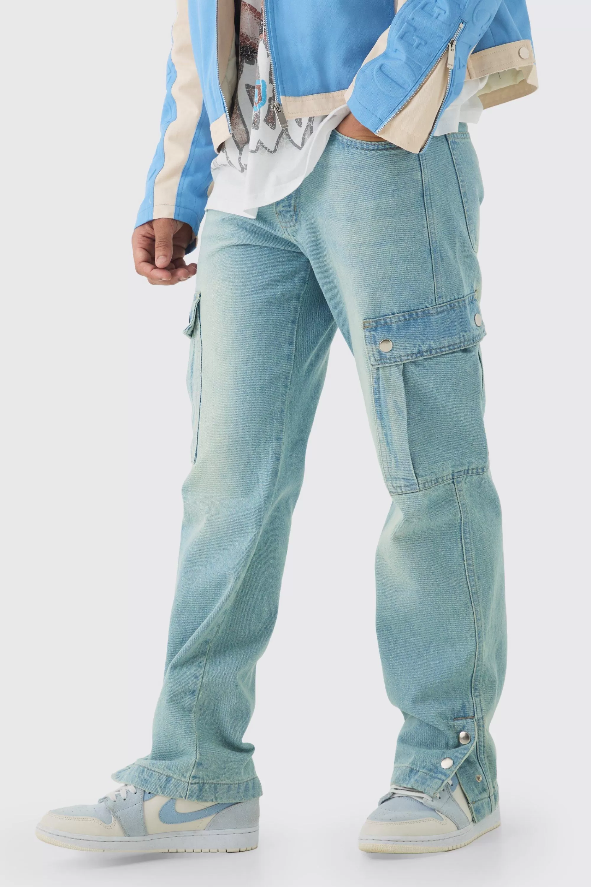 boohooMAN Relaxed Rigid Popper Hem Cargo Jeans | UK