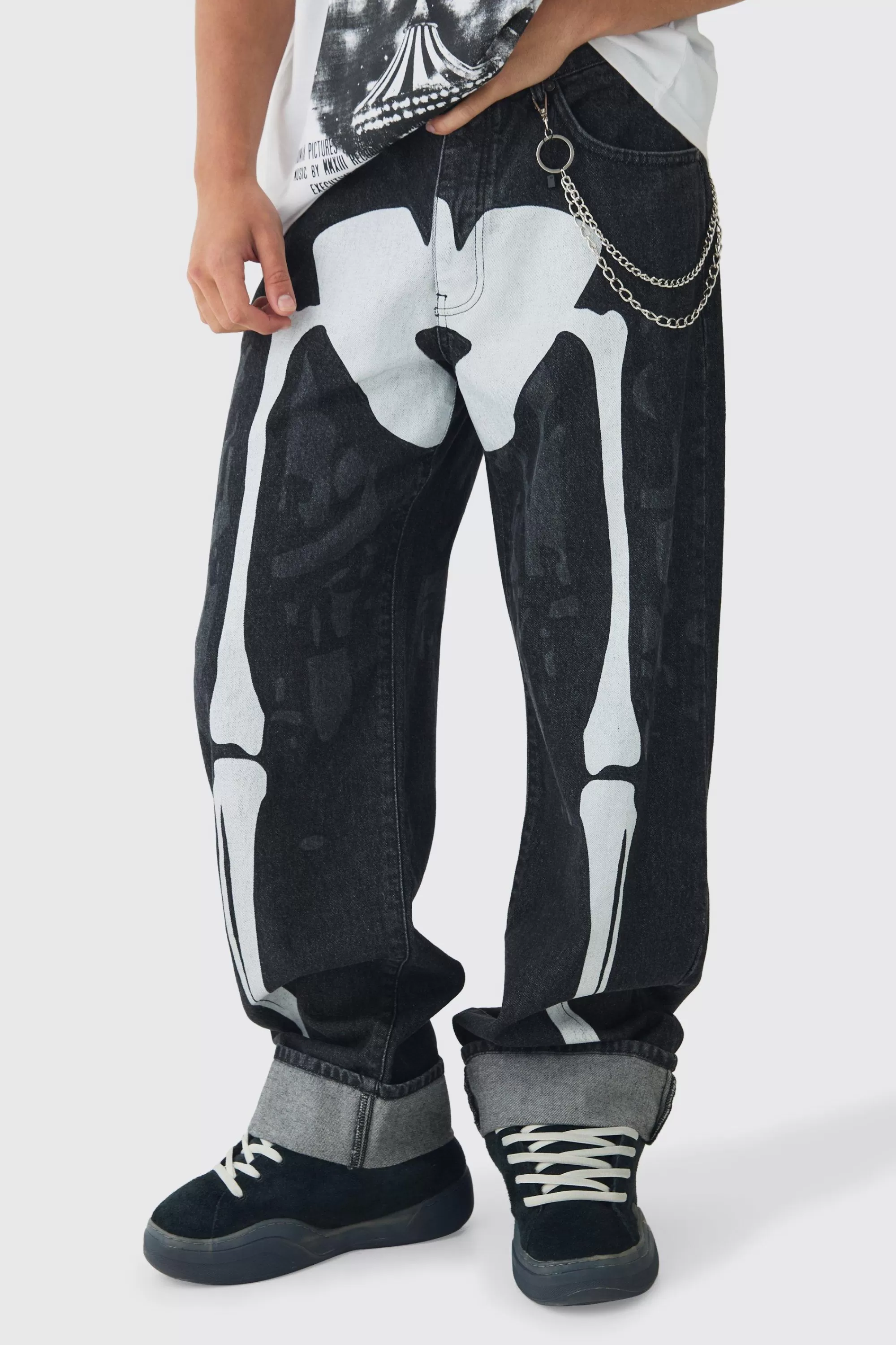 boohooMAN Relaxed Rigid Skeleton Printed Jeans With Chain | UK