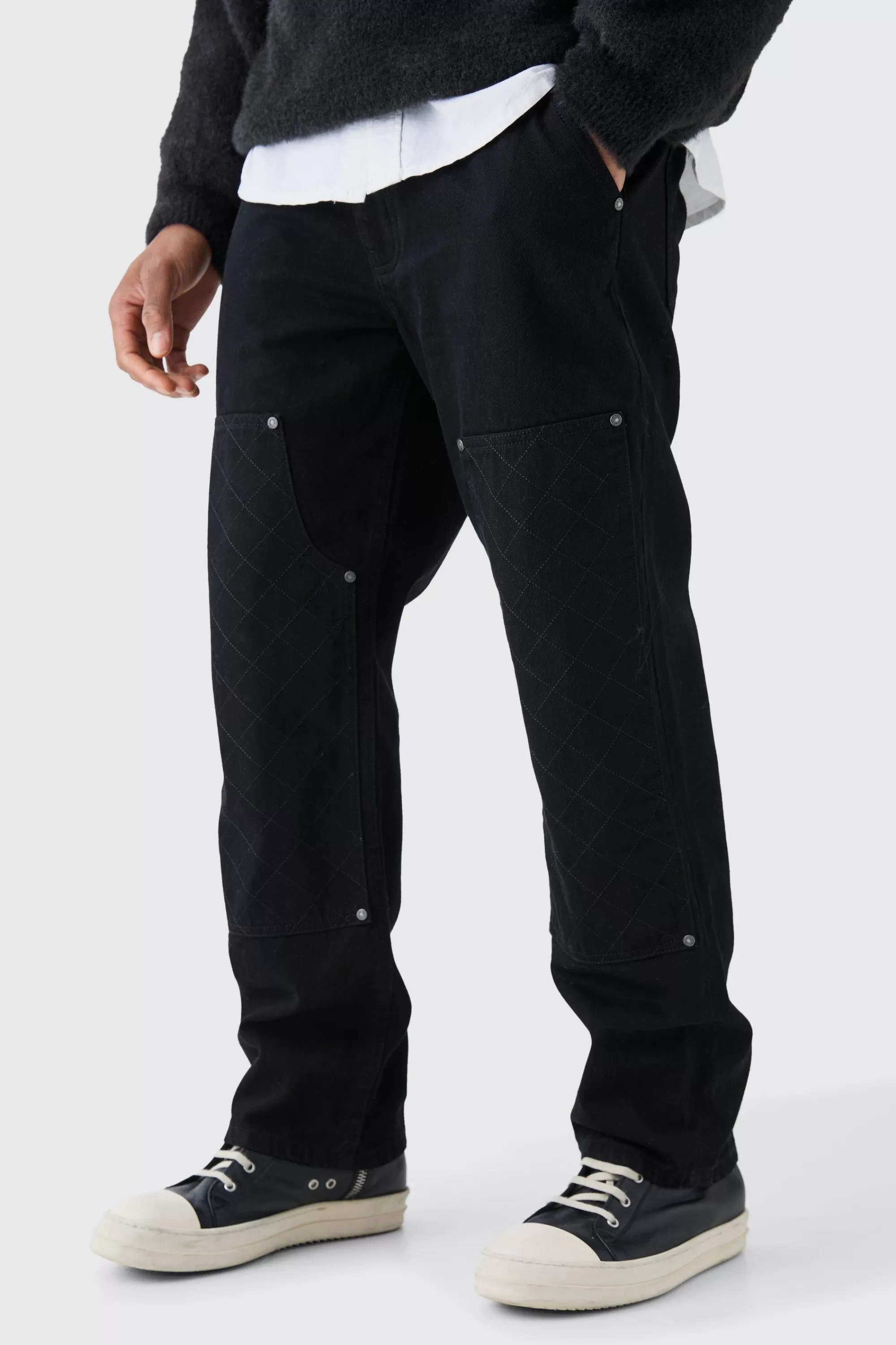 boohooMAN Relaxed Rigid Top Stitch Detail Carpenter Jean In Black | UK