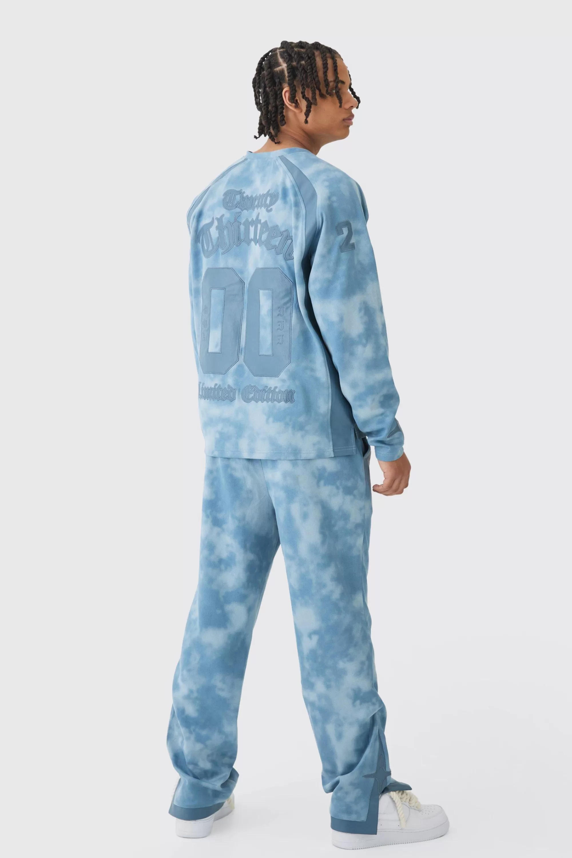 boohooMAN Relaxed Suede And PU Applique Varsity Split Hem Jogger | UK