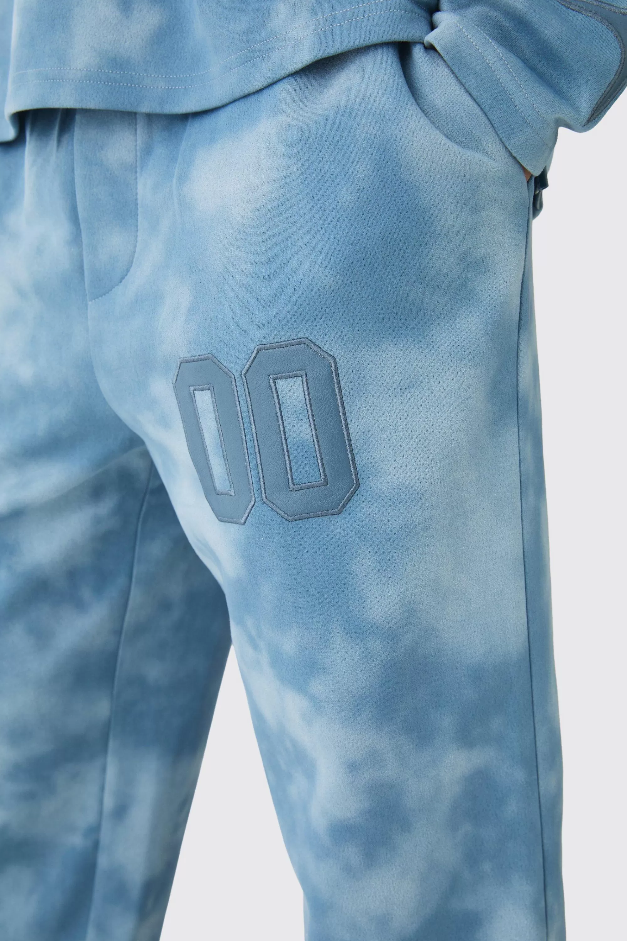 boohooMAN Relaxed Suede And PU Applique Varsity Split Hem Jogger | UK