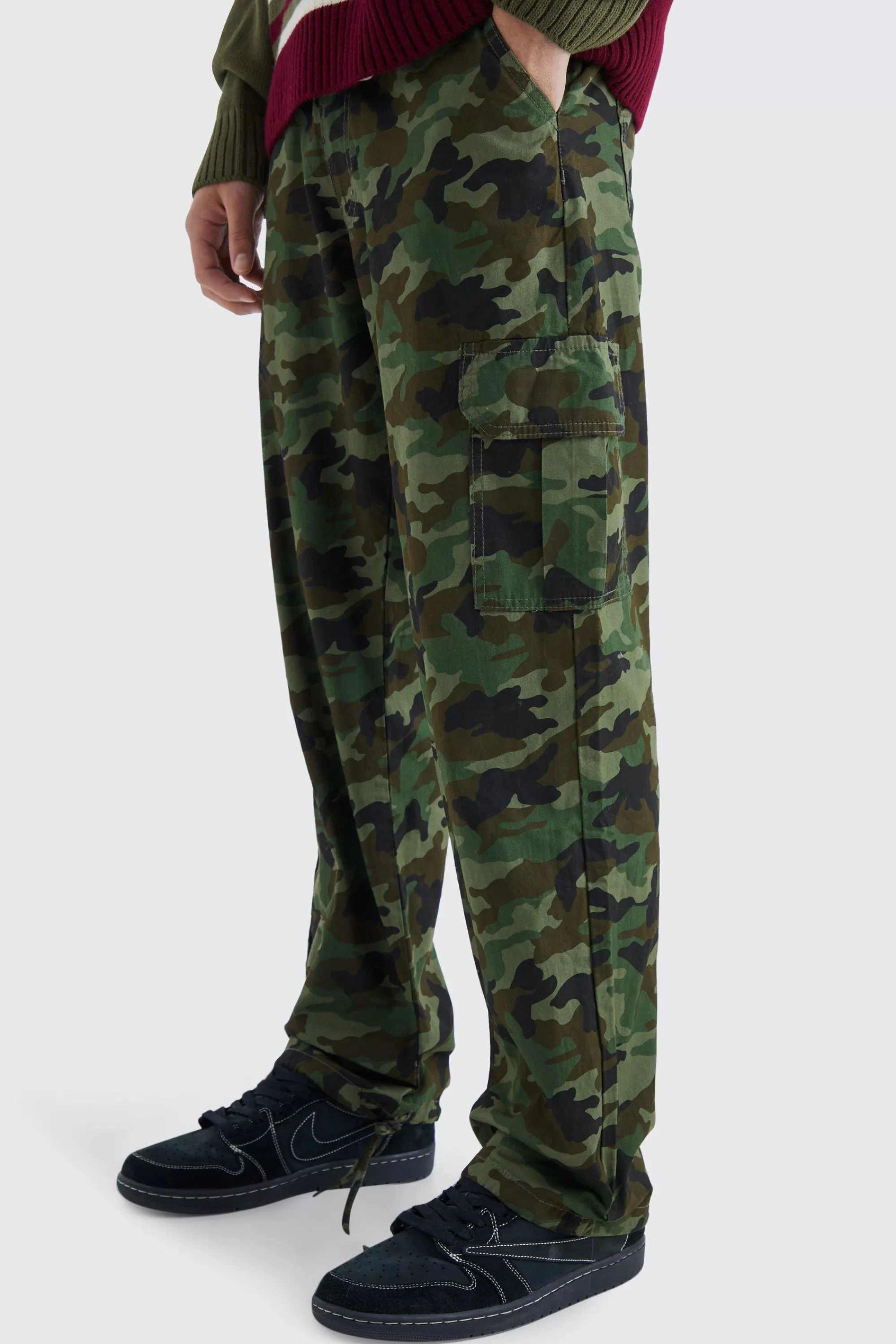 boohooMAN Relaxed Tie Hem Camo Cargo Trouser | UK