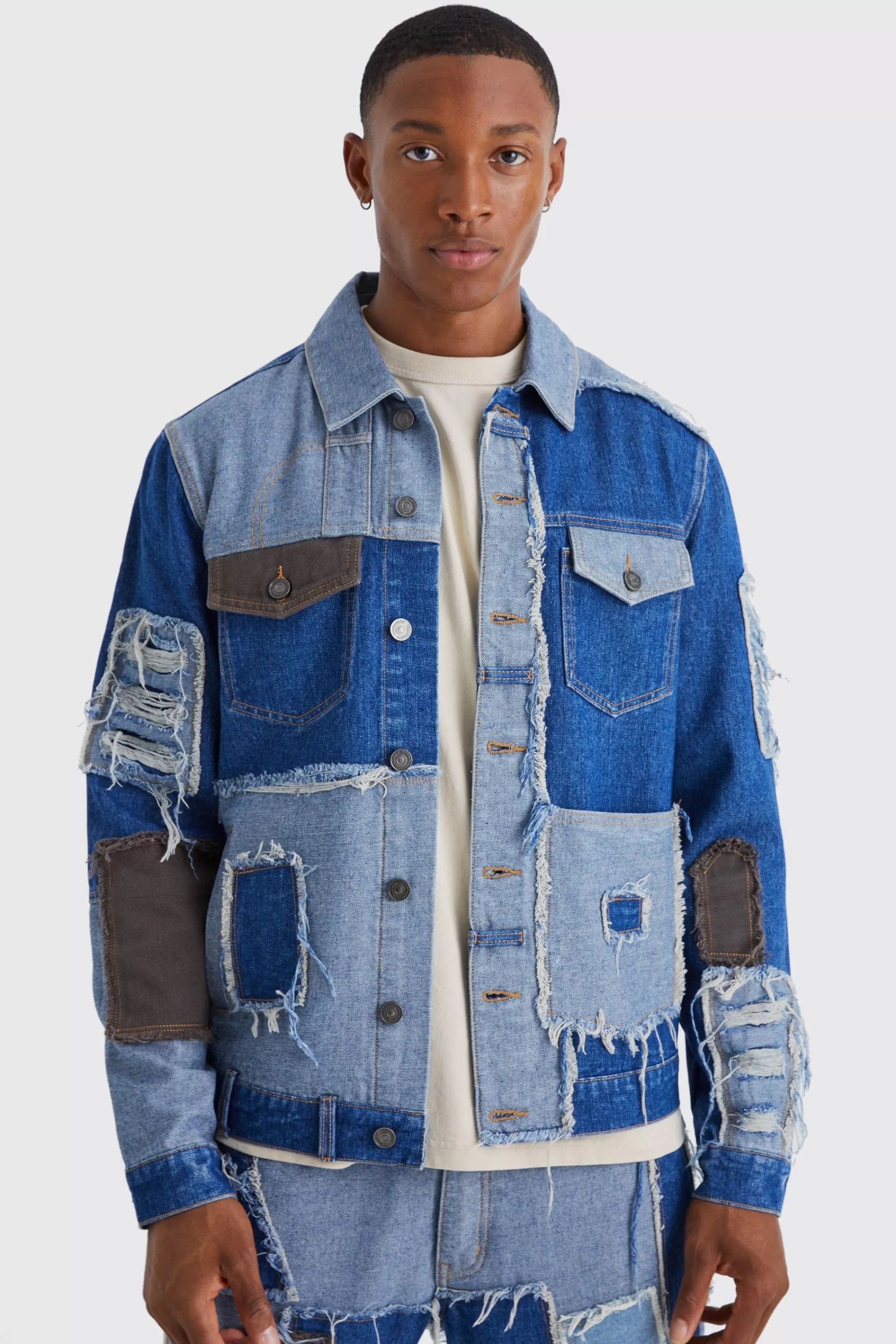 boohooMAN Re-purposed Patchwork Denim Jacket | UK