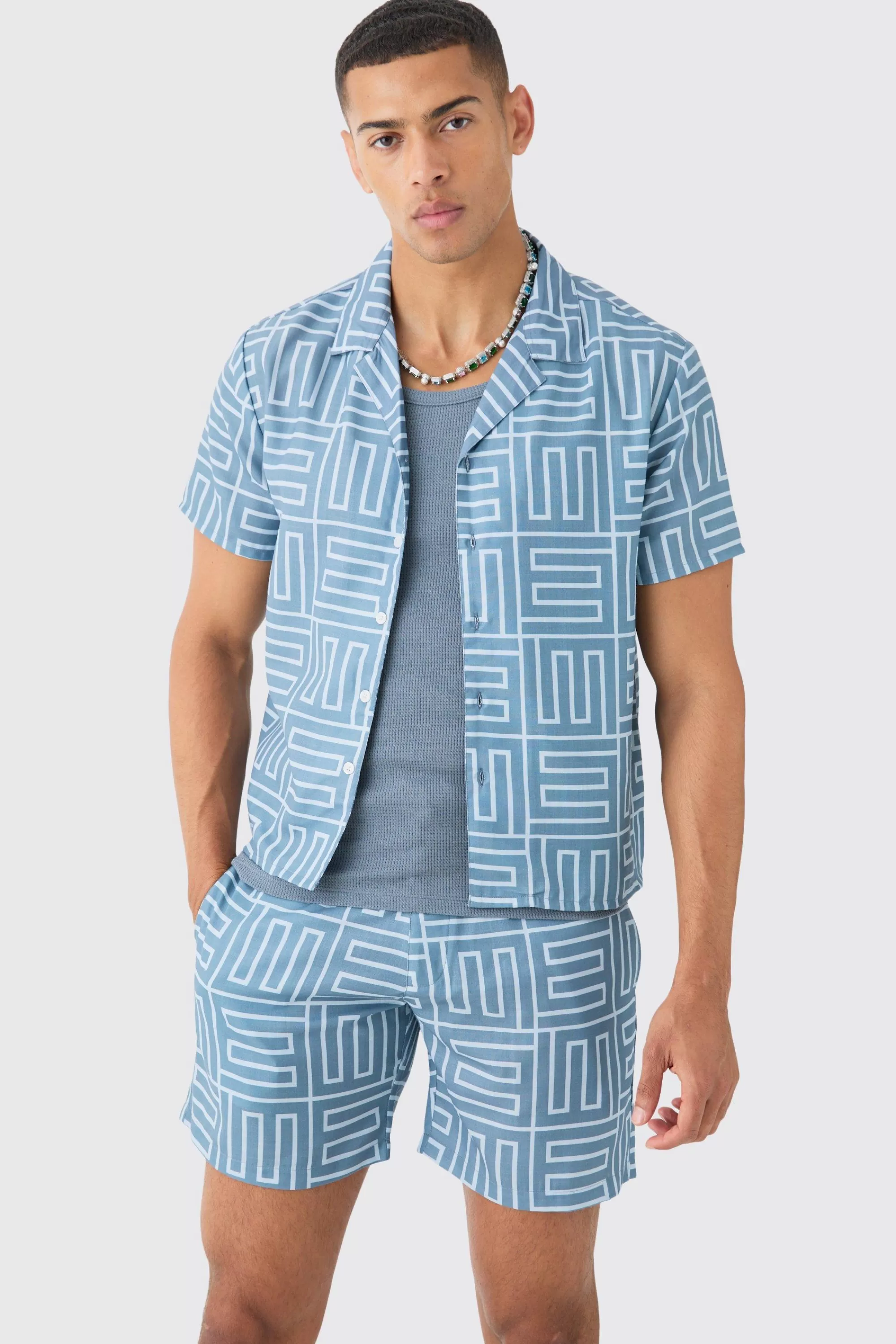 boohooMAN Revere Collar Boxy Shirt And Short Set In | UK
