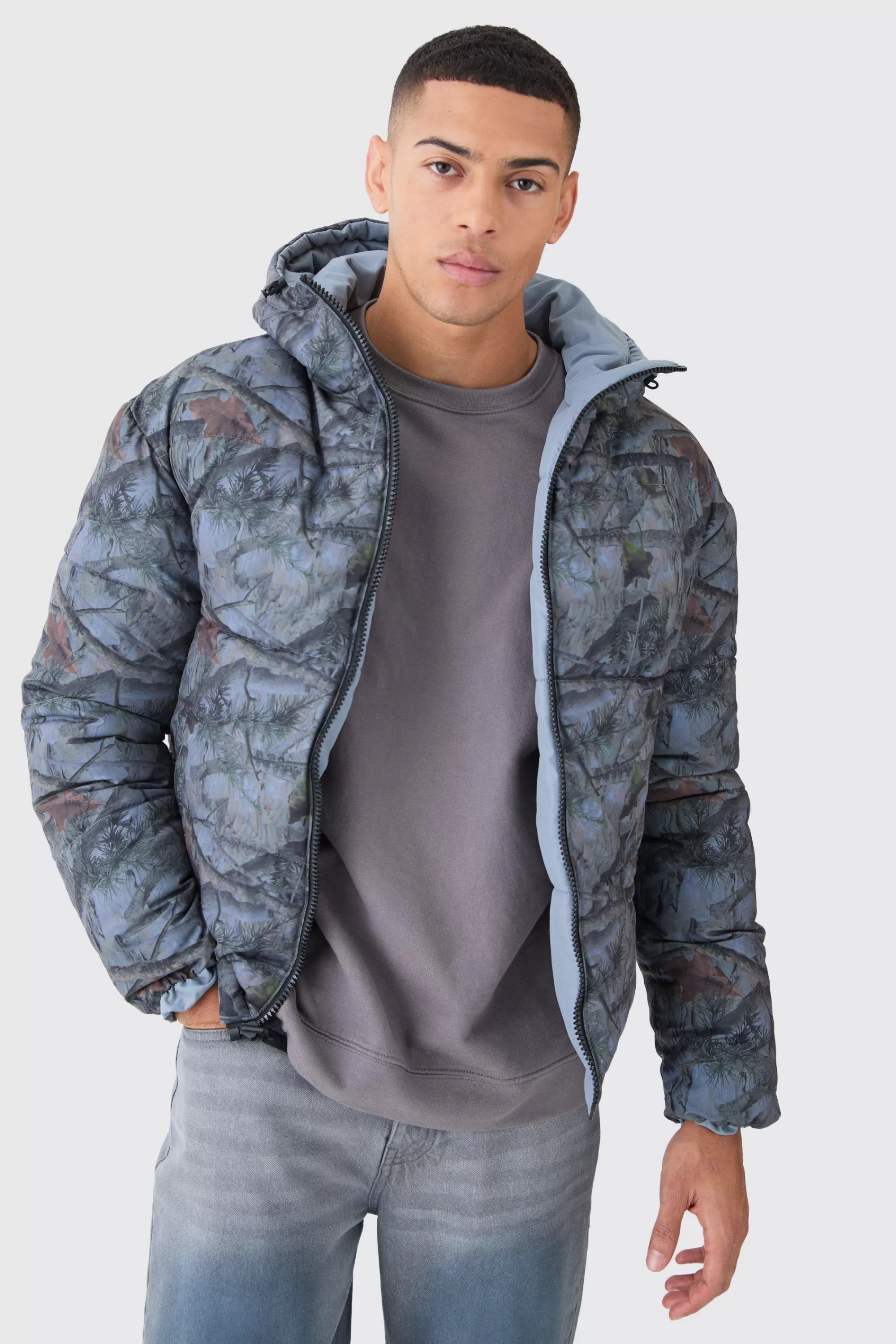 boohooMAN Reversible Camo Puffer Jacket | UK
