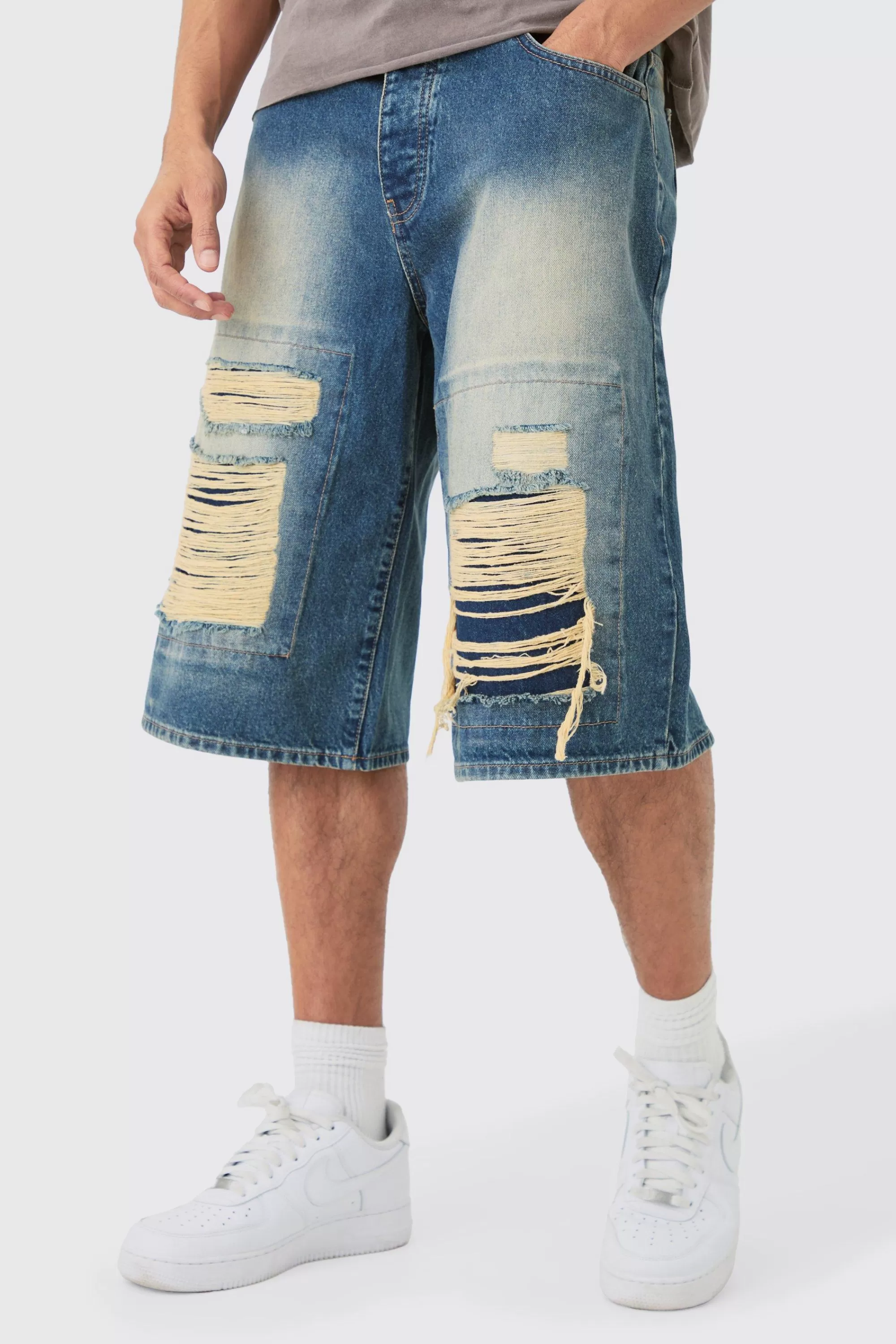 boohooMAN Rigid Extreme Ripped Denim Jorts In | UK