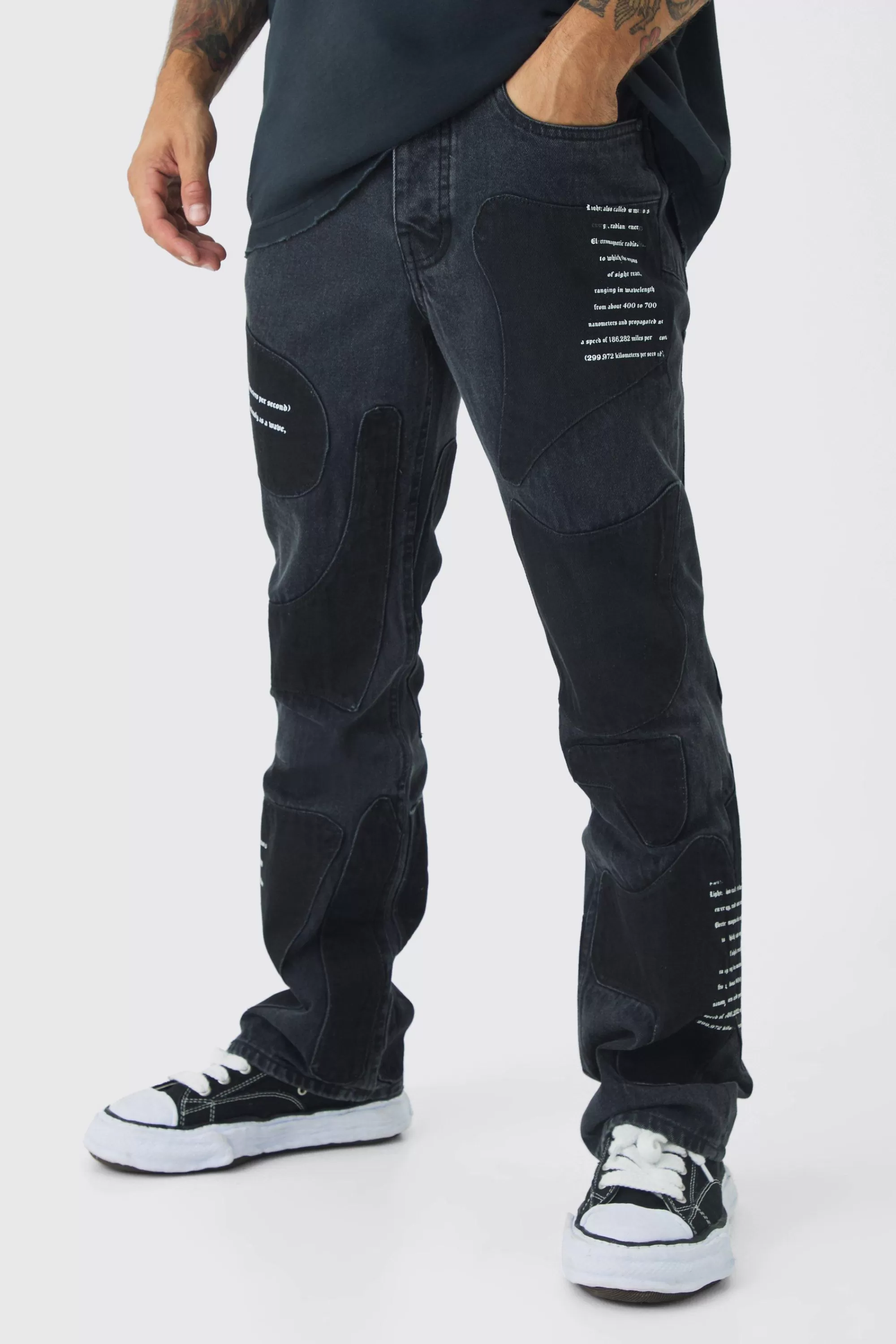 boohooMAN Rigid Slim Flare Patchwork Applique Jeans | UK