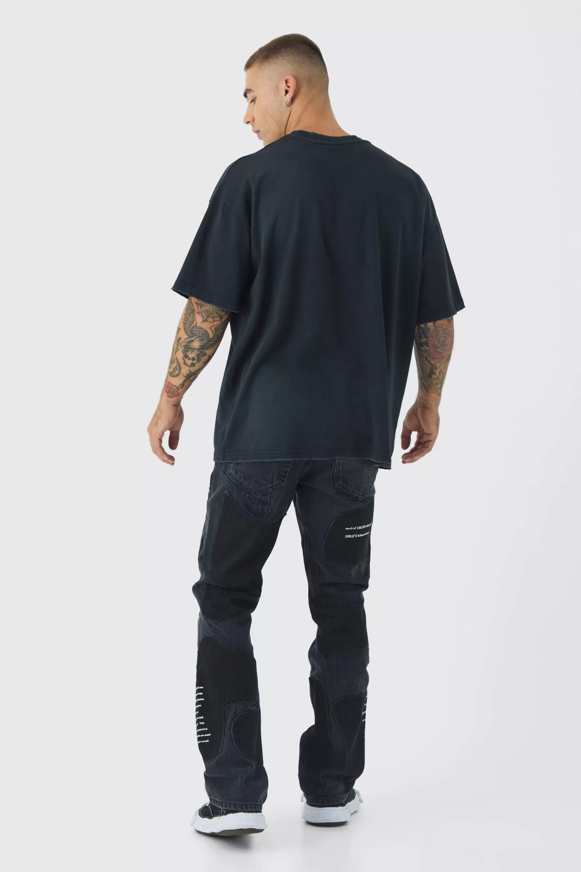 boohooMAN Rigid Slim Flare Patchwork Applique Jeans | UK