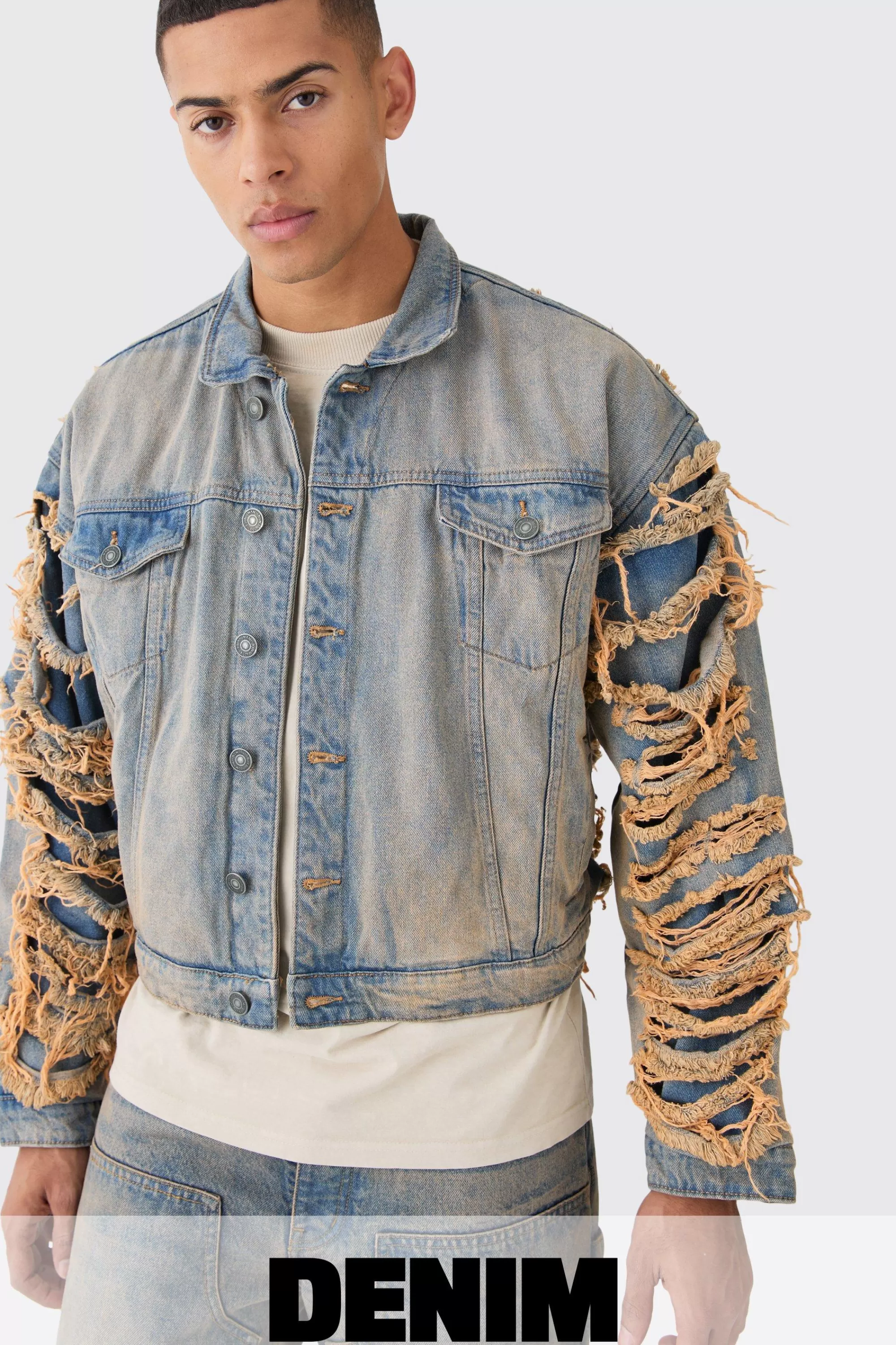boohooMAN Ripped Denim Jacket And Jeans Set | UK
