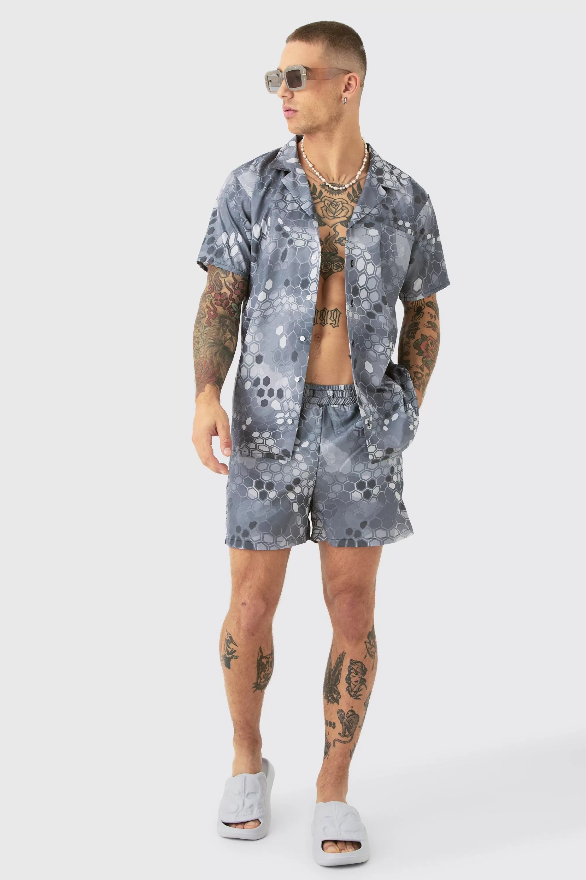 boohooMAN Ripstop Camo Shirt & Short Swim Short Set | UK