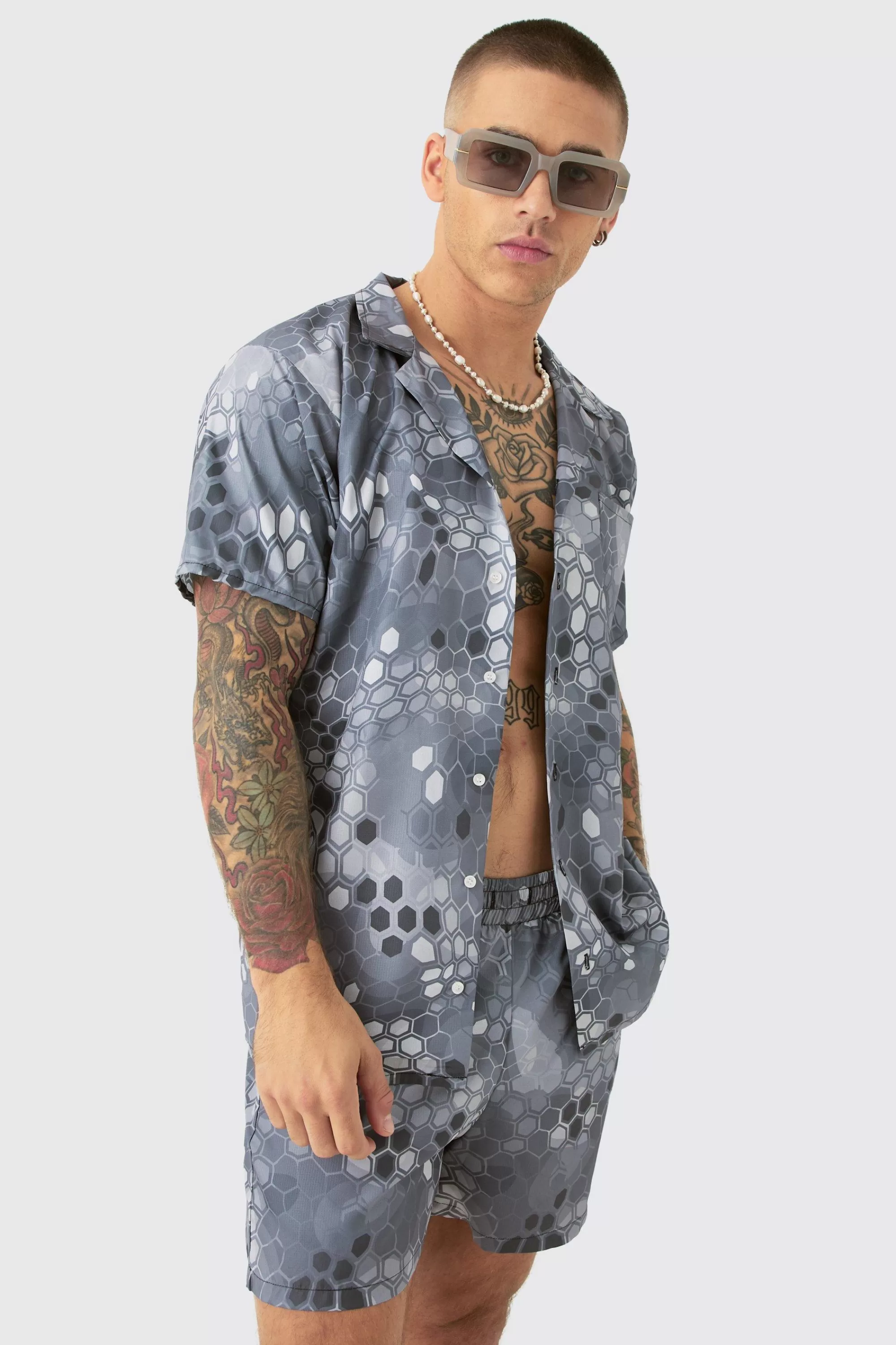 boohooMAN Ripstop Camo Shirt & Short Swim Short Set | UK