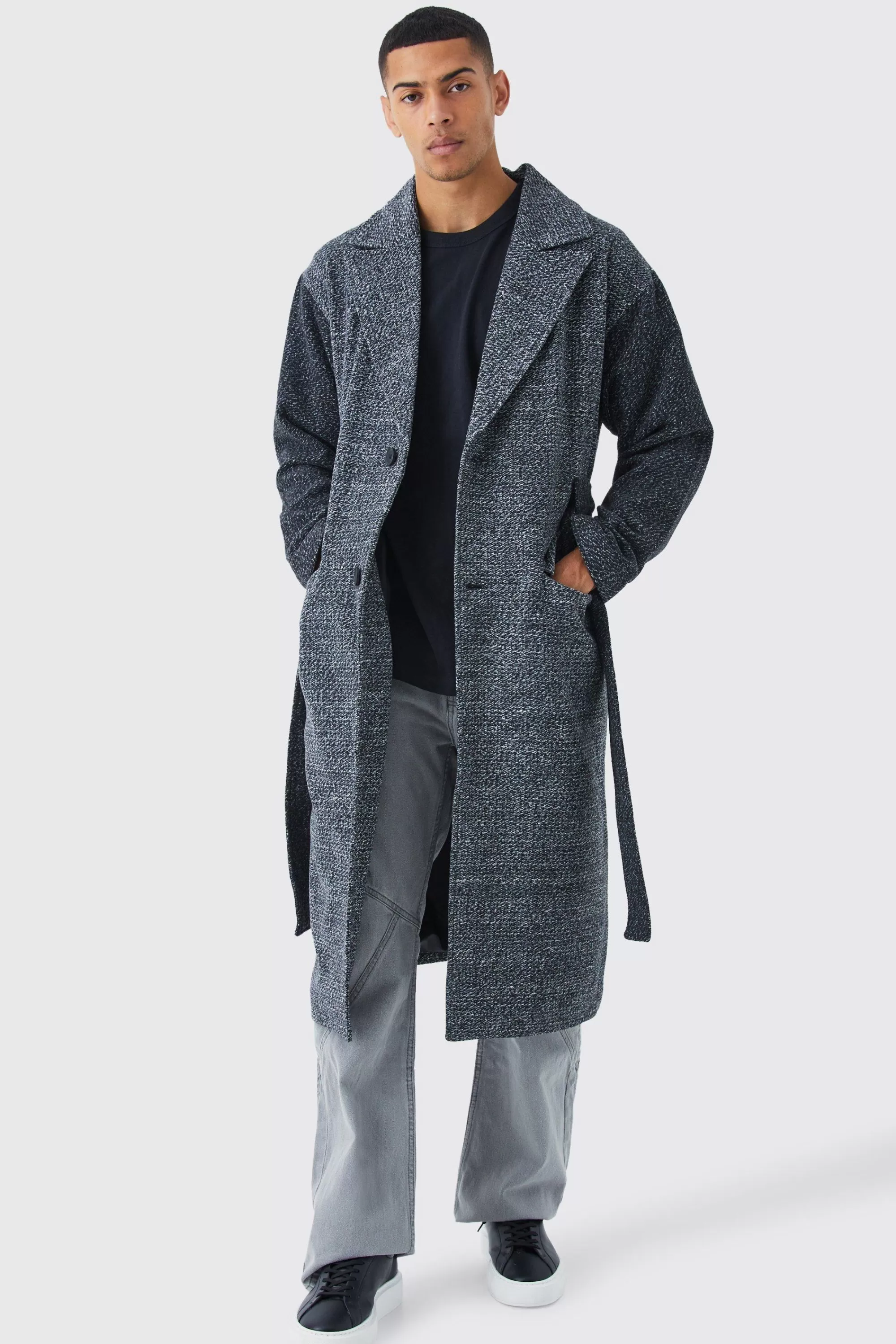 boohooMAN Salt & Pepper Contrast Sleeve Belted Overcoat | UK