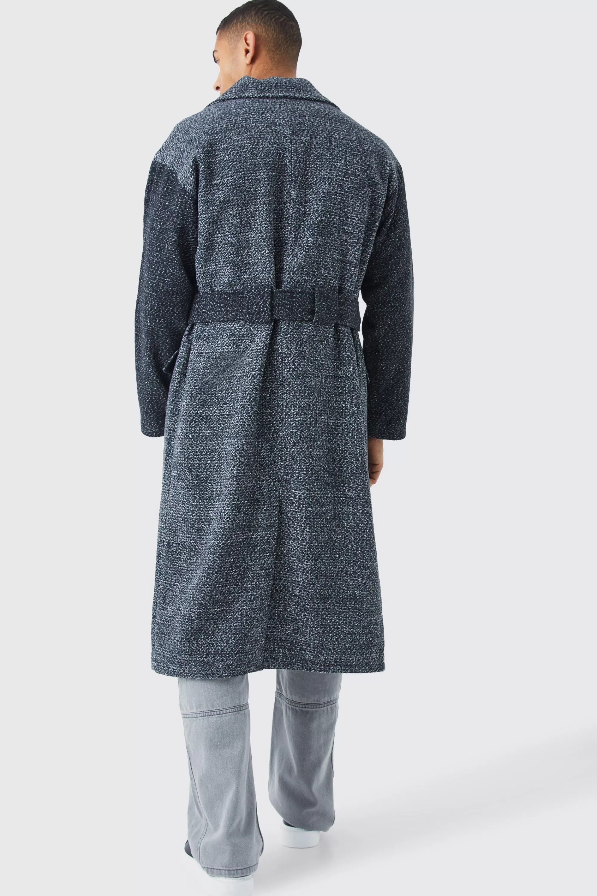 boohooMAN Salt & Pepper Contrast Sleeve Belted Overcoat | UK