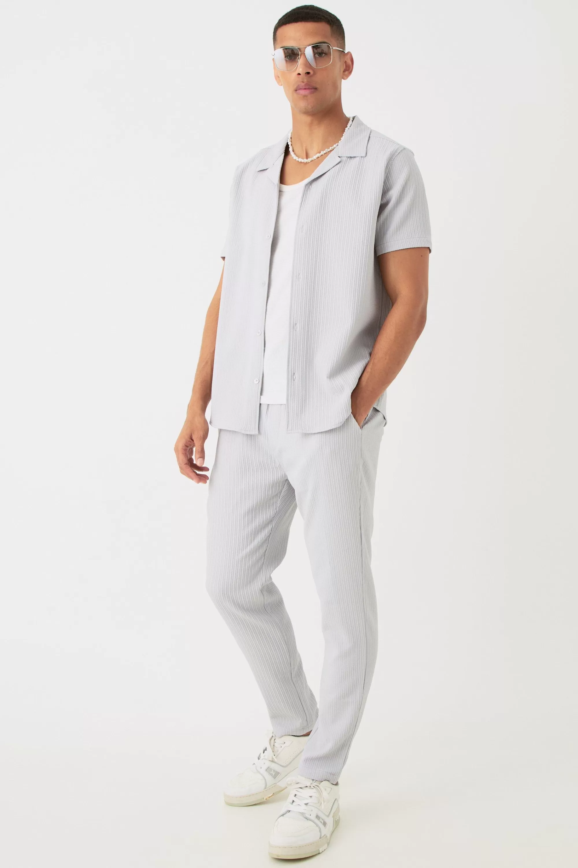 boohooMAN Seersucker Revere Collar Shirt & Trouser Set | UK