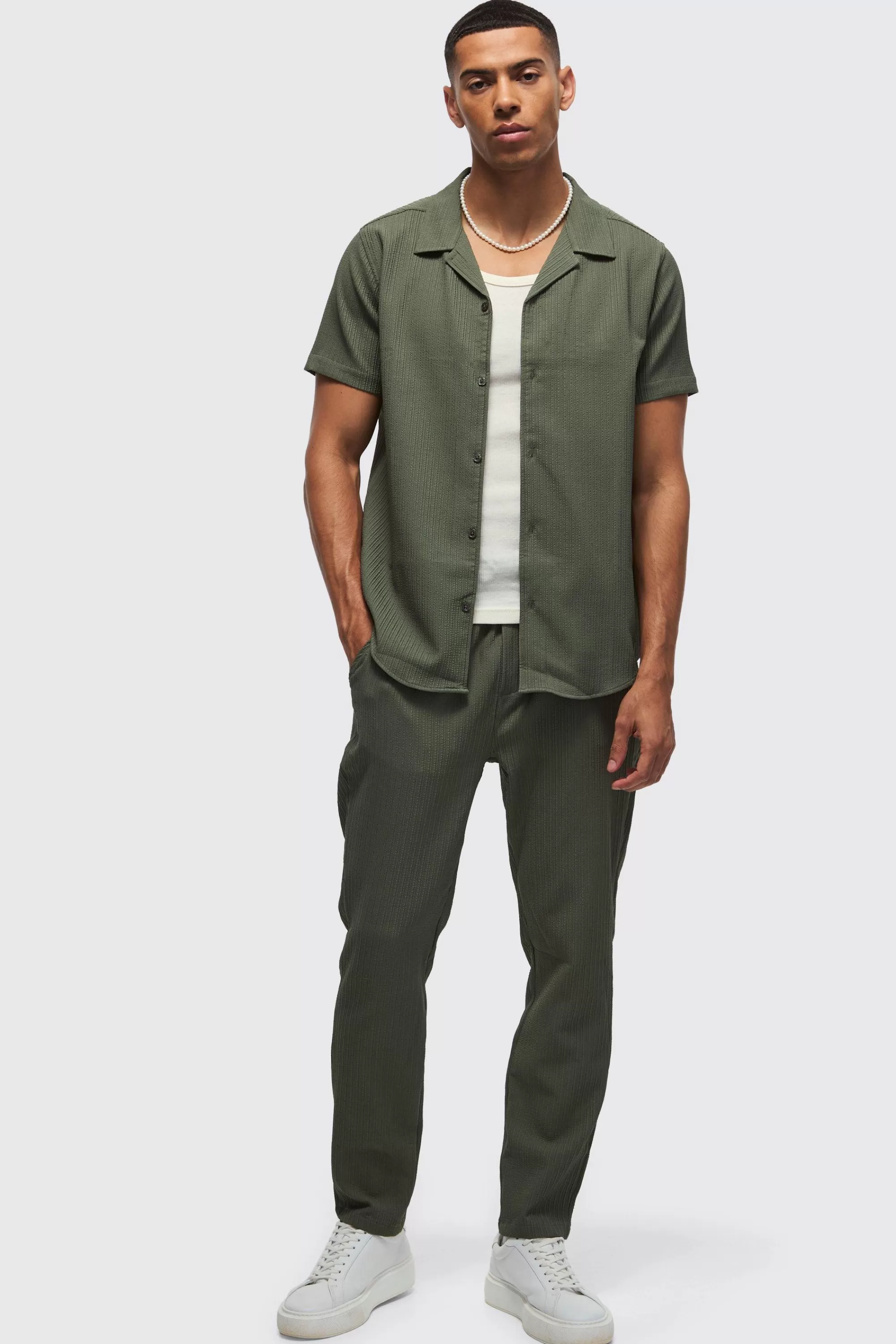 boohooMAN Seersucker Revere Collar Shirt & Trouser Set | UK