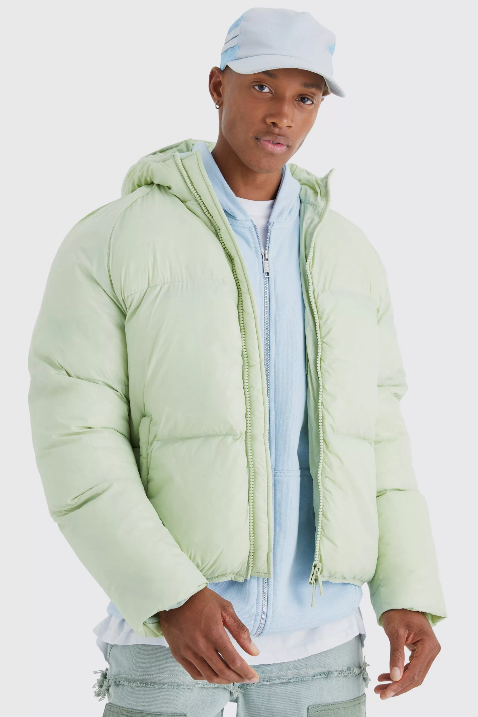 boohooMAN Sheen Quilted Nylon Puffer With Hood | UK