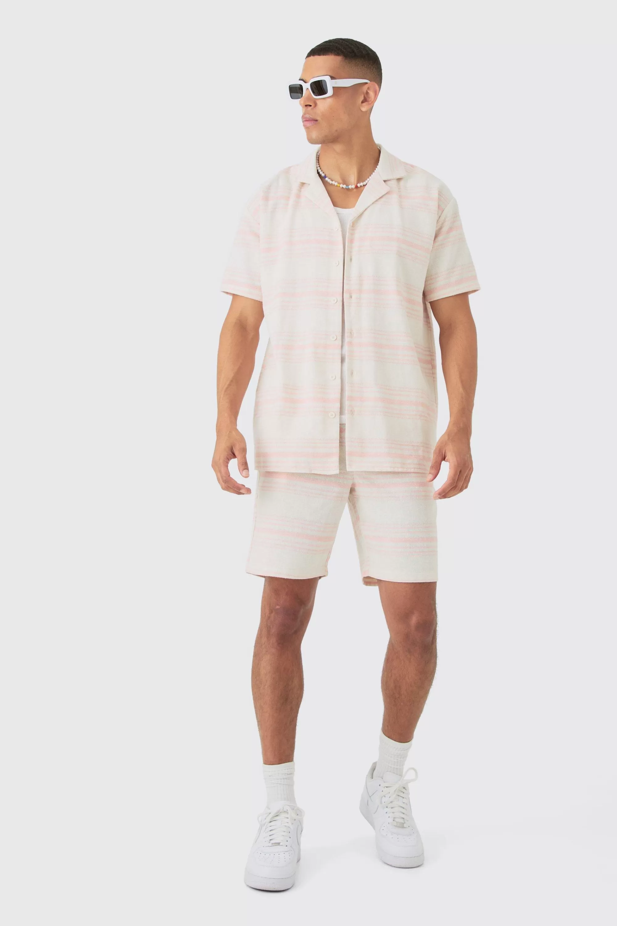 boohooMAN Short Sleeve Aztec Stripe Oversized Shirt & Short | UK