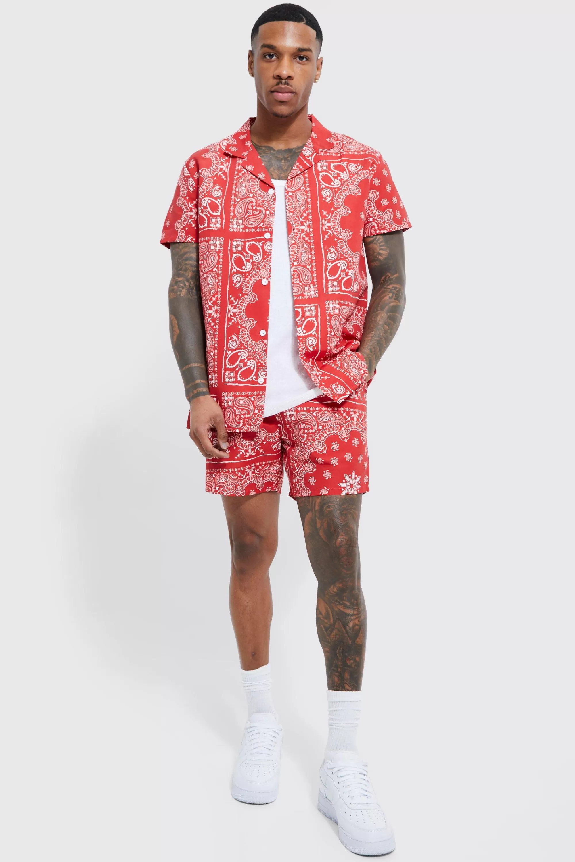boohooMAN Short Sleeve Bandana Swirl Shirt And Swim Short | UK