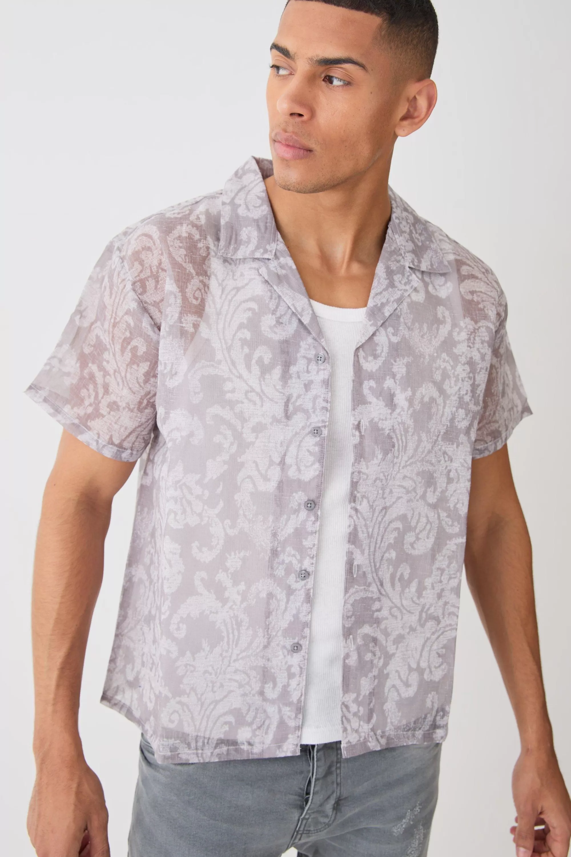 boohooMAN Short Sleeve Boxy Baroque Sheer Shirt | UK