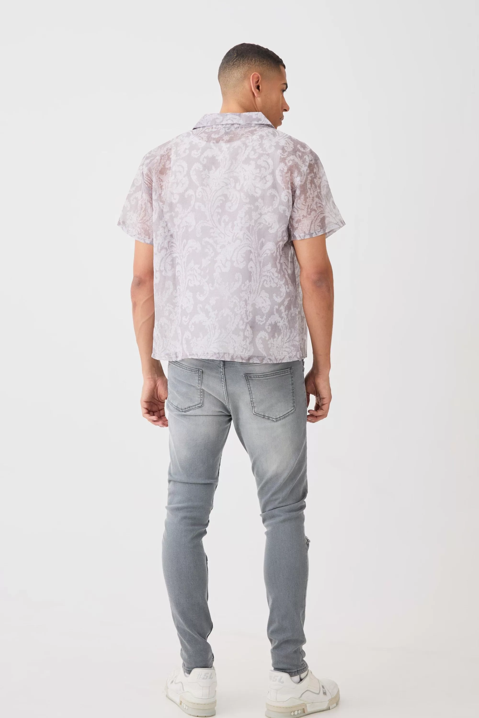 boohooMAN Short Sleeve Boxy Baroque Sheer Shirt | UK