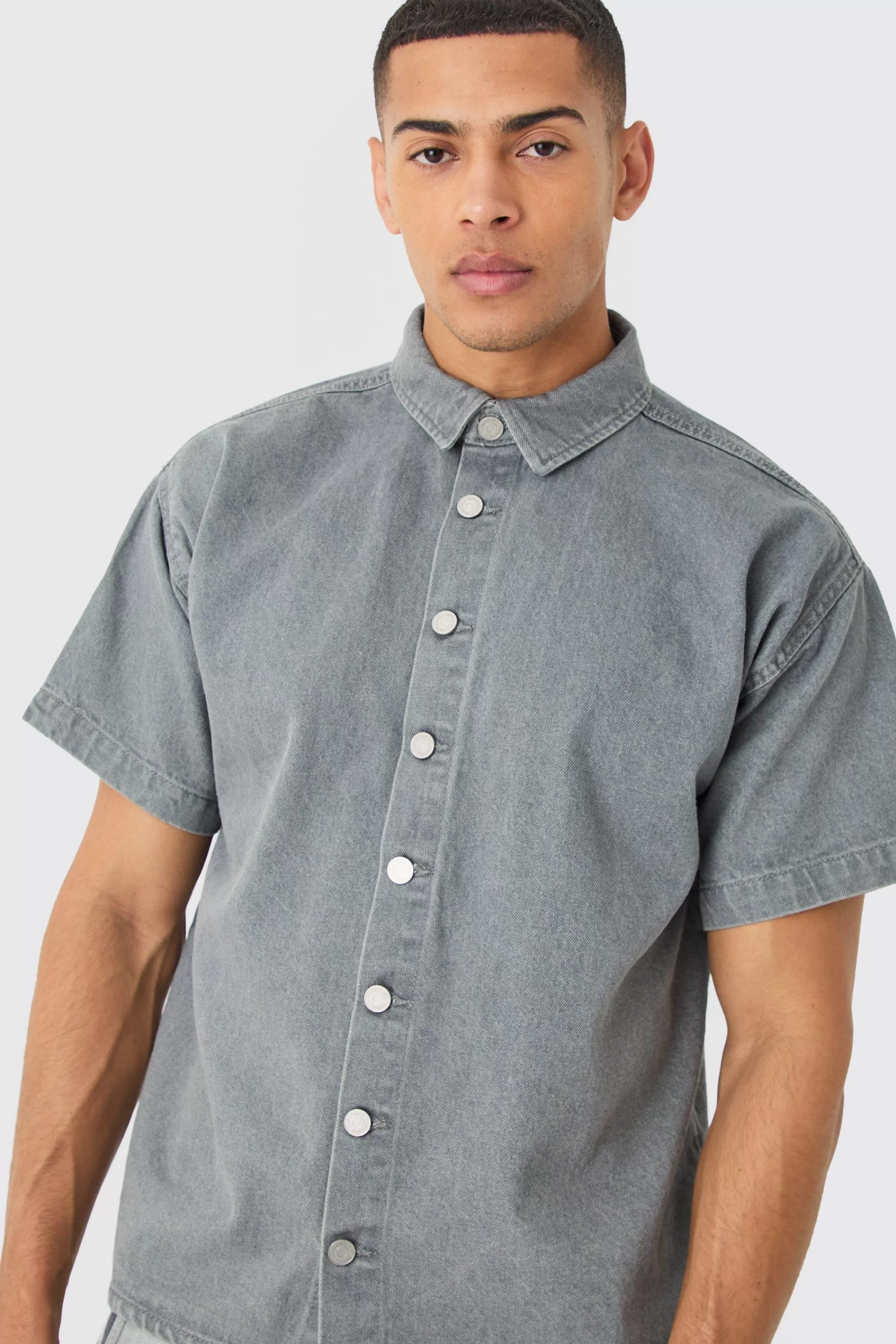 boohooMAN Short Sleeve Boxy Fit Denim Shirt | UK
