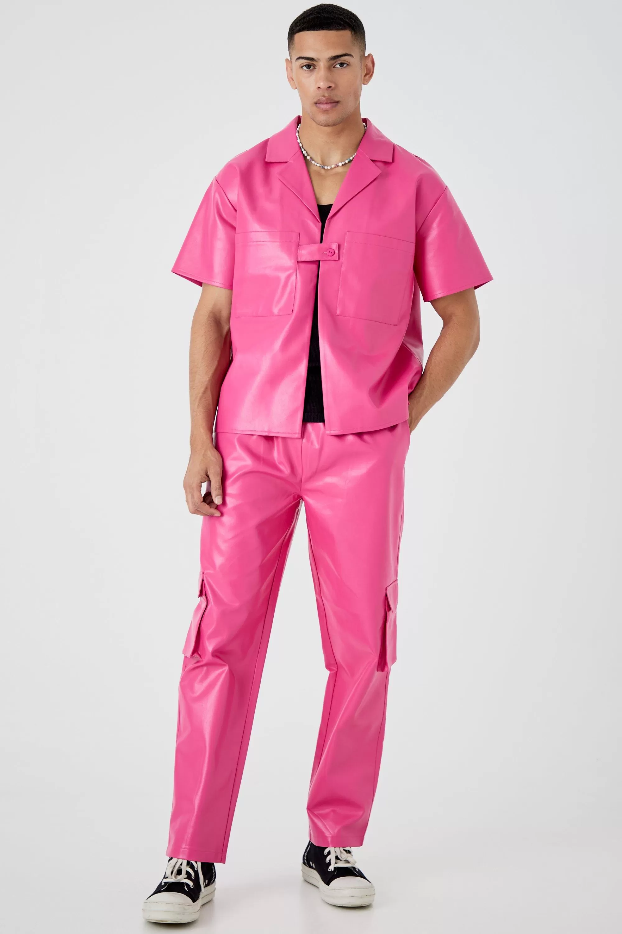 boohooMAN Short Sleeve Boxy Revere Button Pu Shirt & Trouser Set | UK