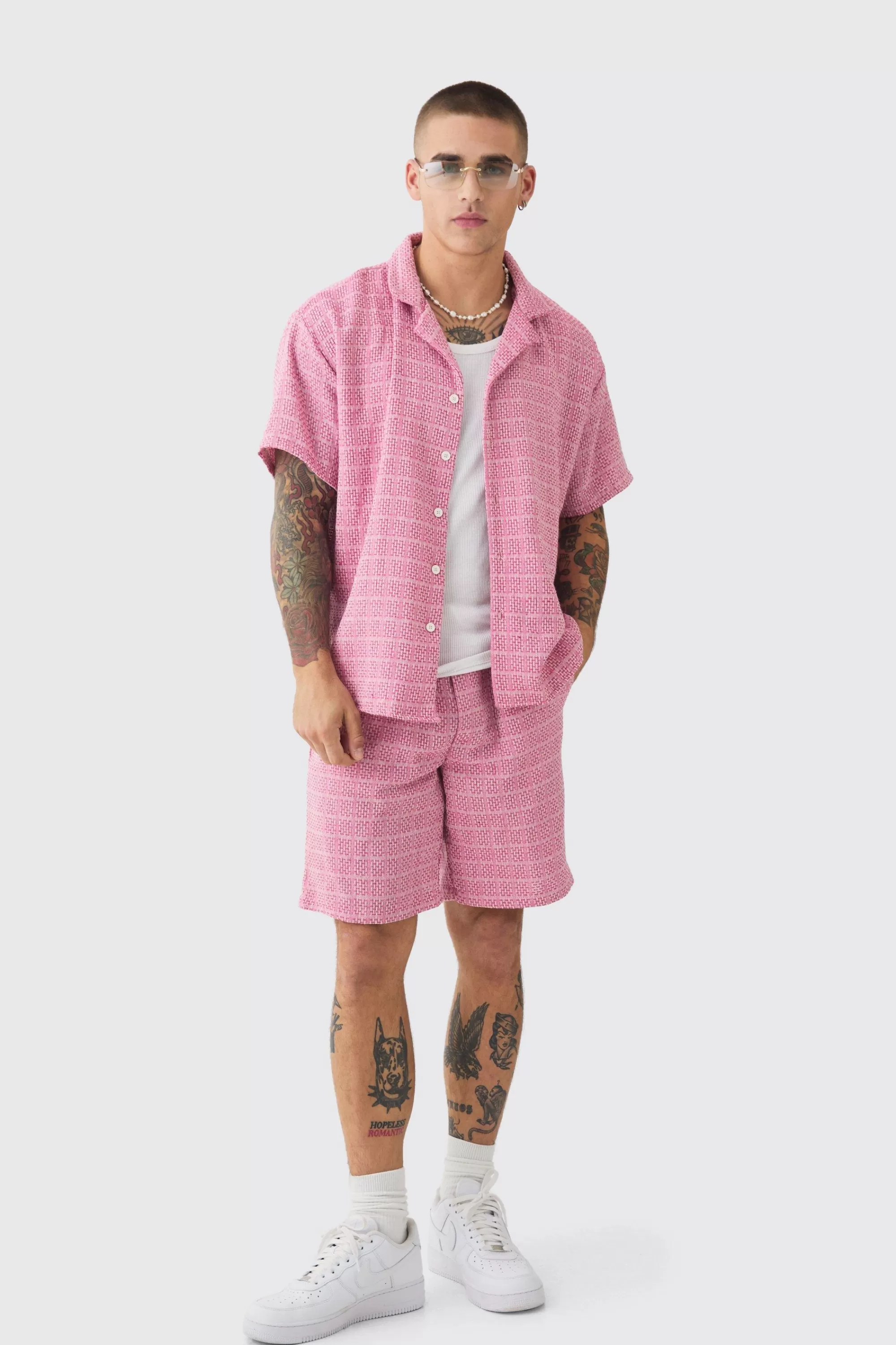 boohooMAN Short Sleeve Boxy Textured Check Shirt & Short | UK
