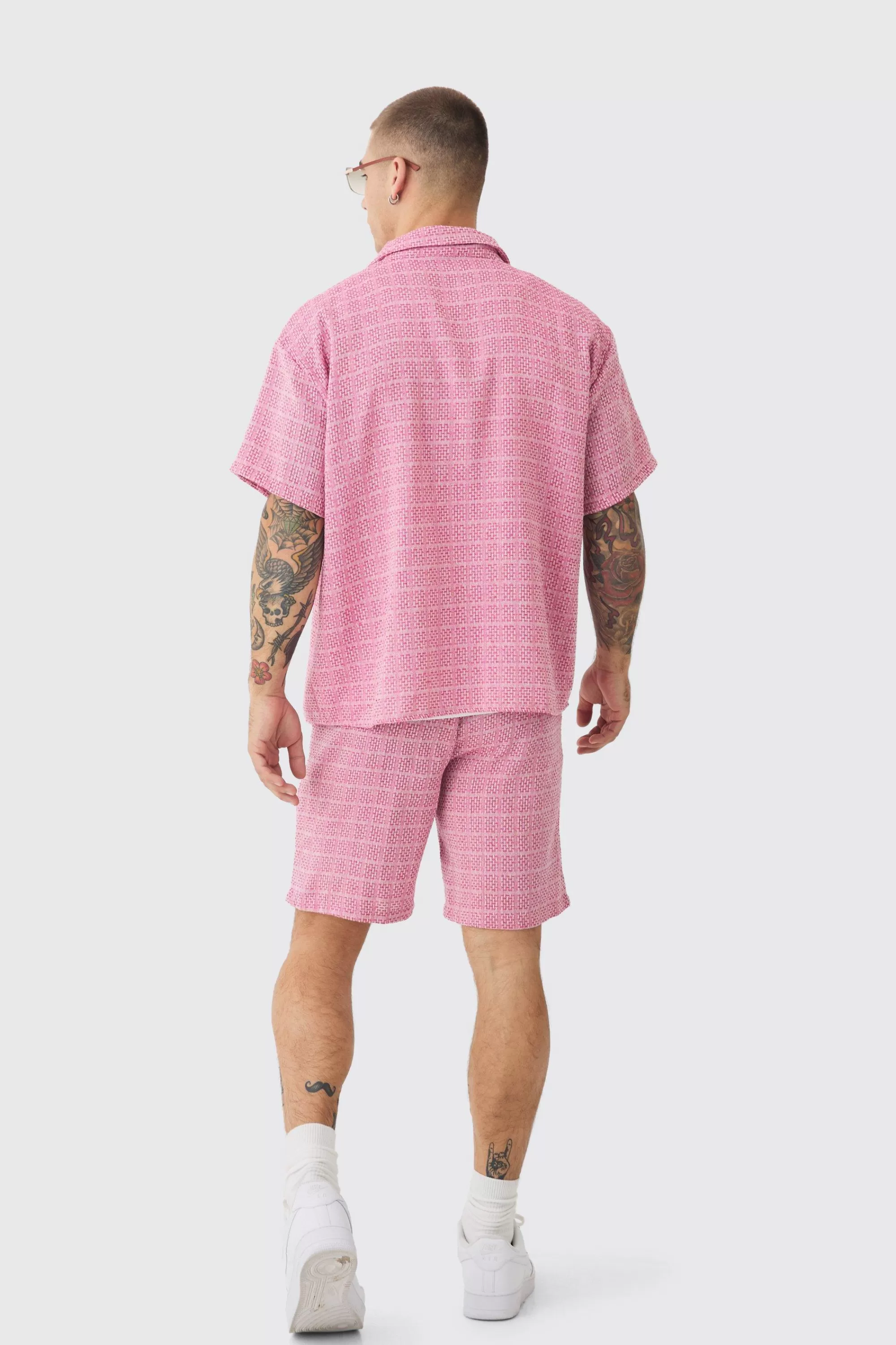 boohooMAN Short Sleeve Boxy Textured Check Shirt & Short | UK