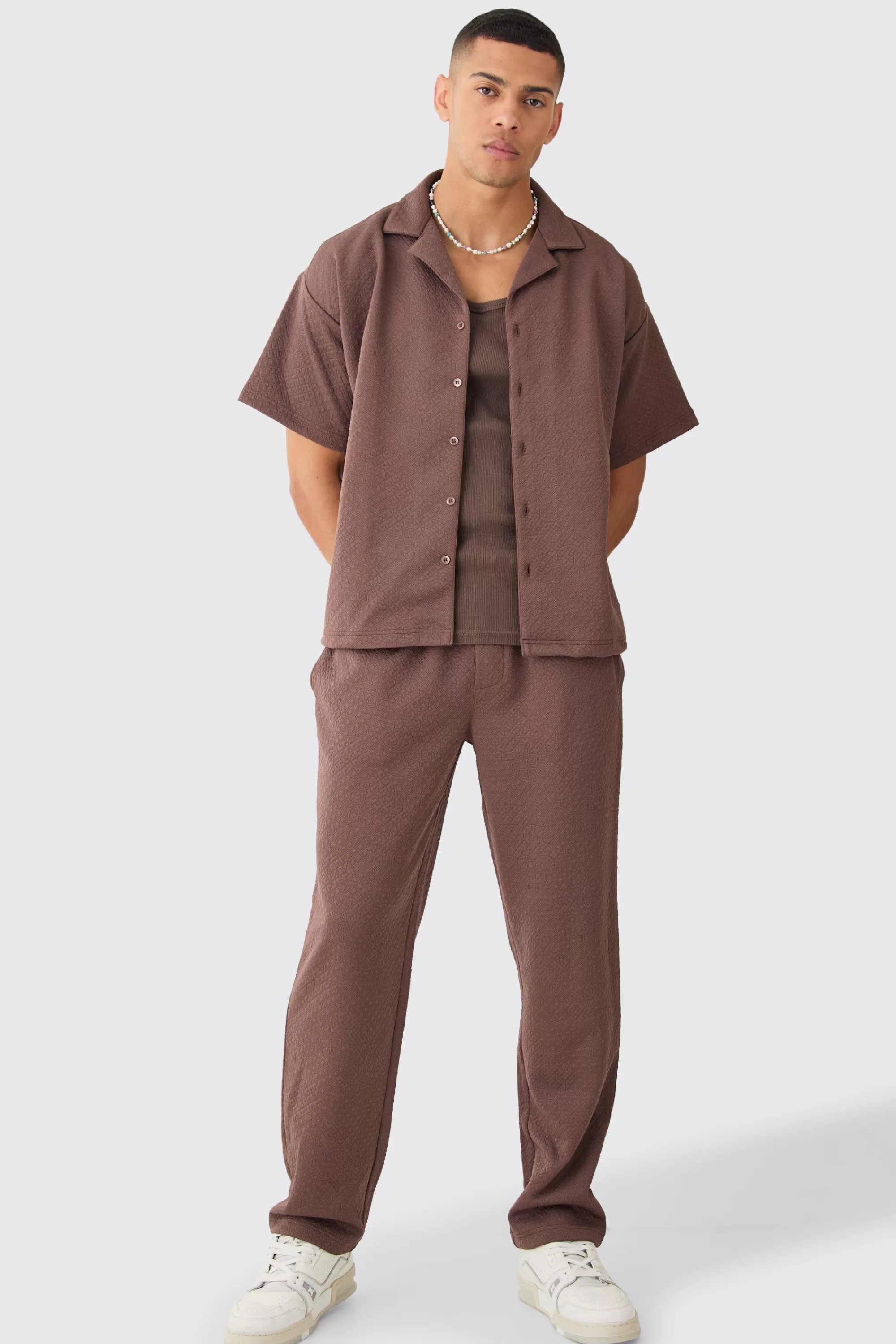 boohooMAN Short Sleeve Boxy Textured Stretch Shirt & Trouser | UK