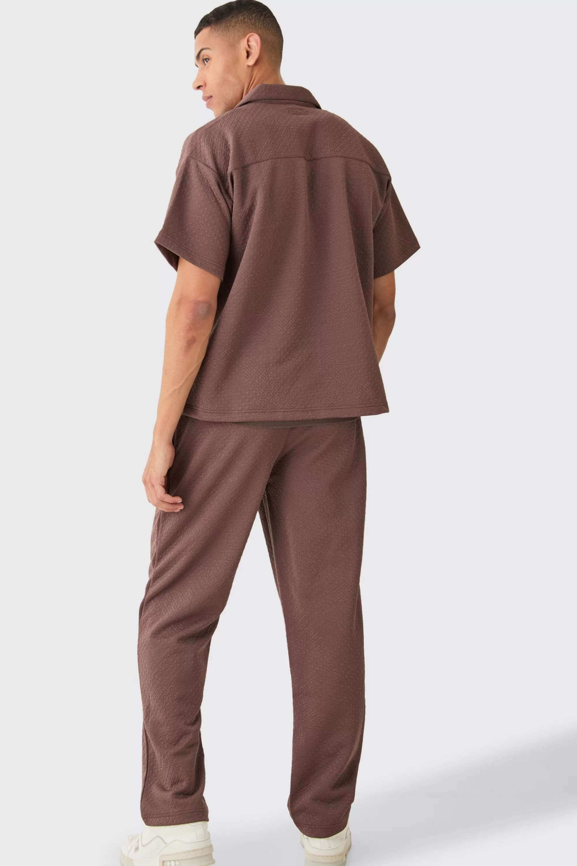 boohooMAN Short Sleeve Boxy Textured Stretch Shirt & Trouser | UK