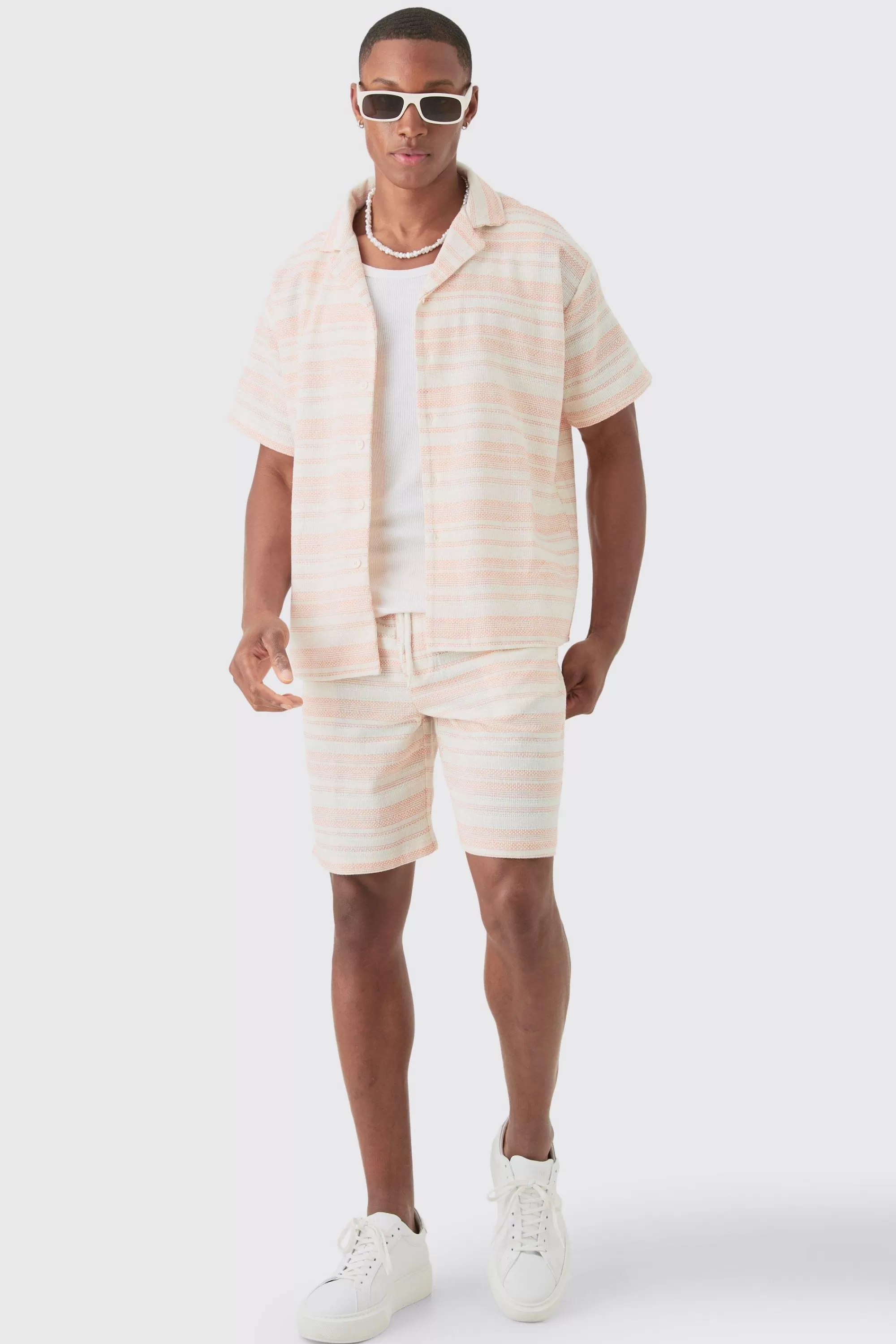 boohooMAN Short Sleeve Boxy Woven Stripe Shirt & Short Set | UK