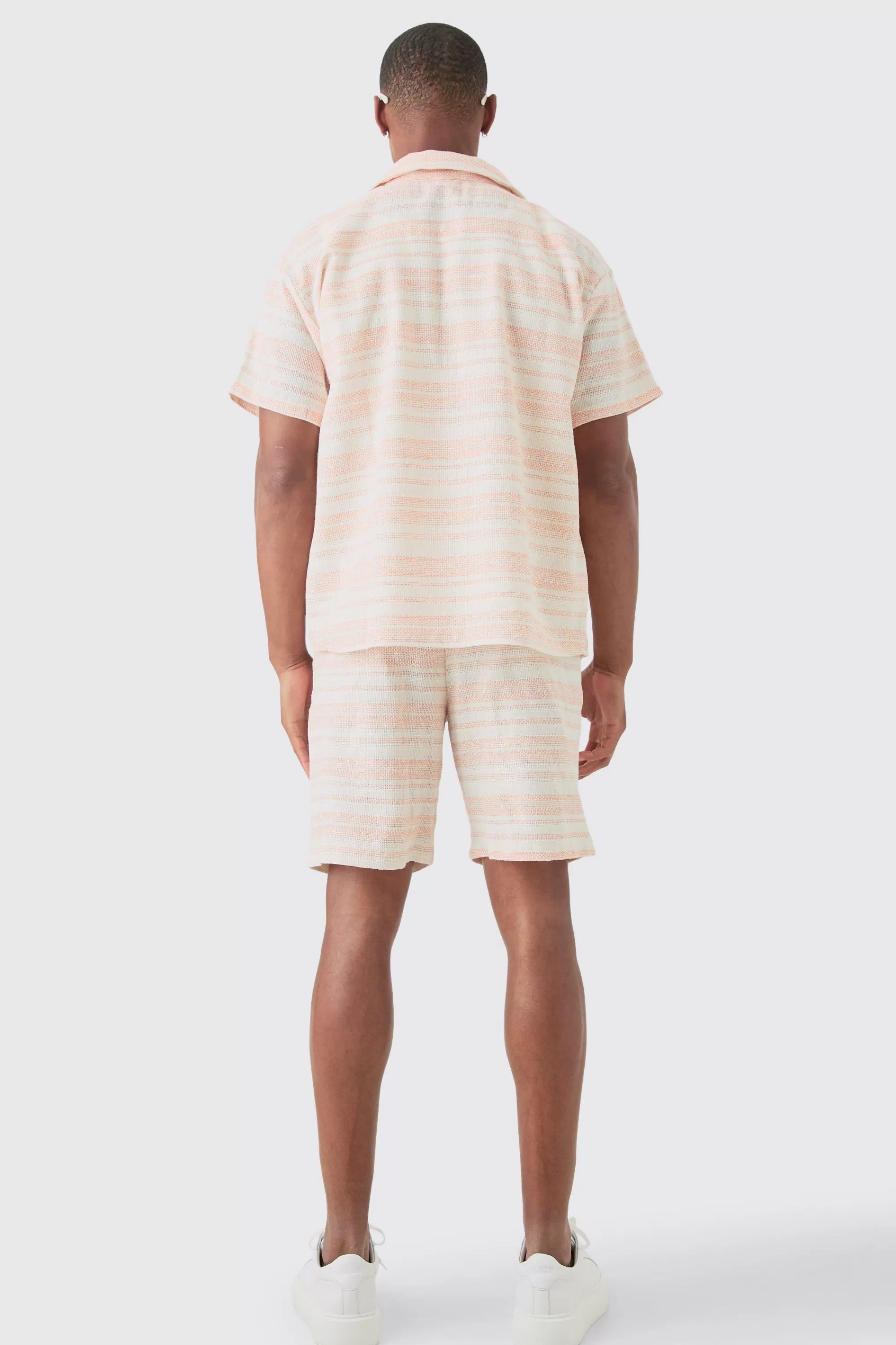 boohooMAN Short Sleeve Boxy Woven Stripe Shirt & Short Set | UK