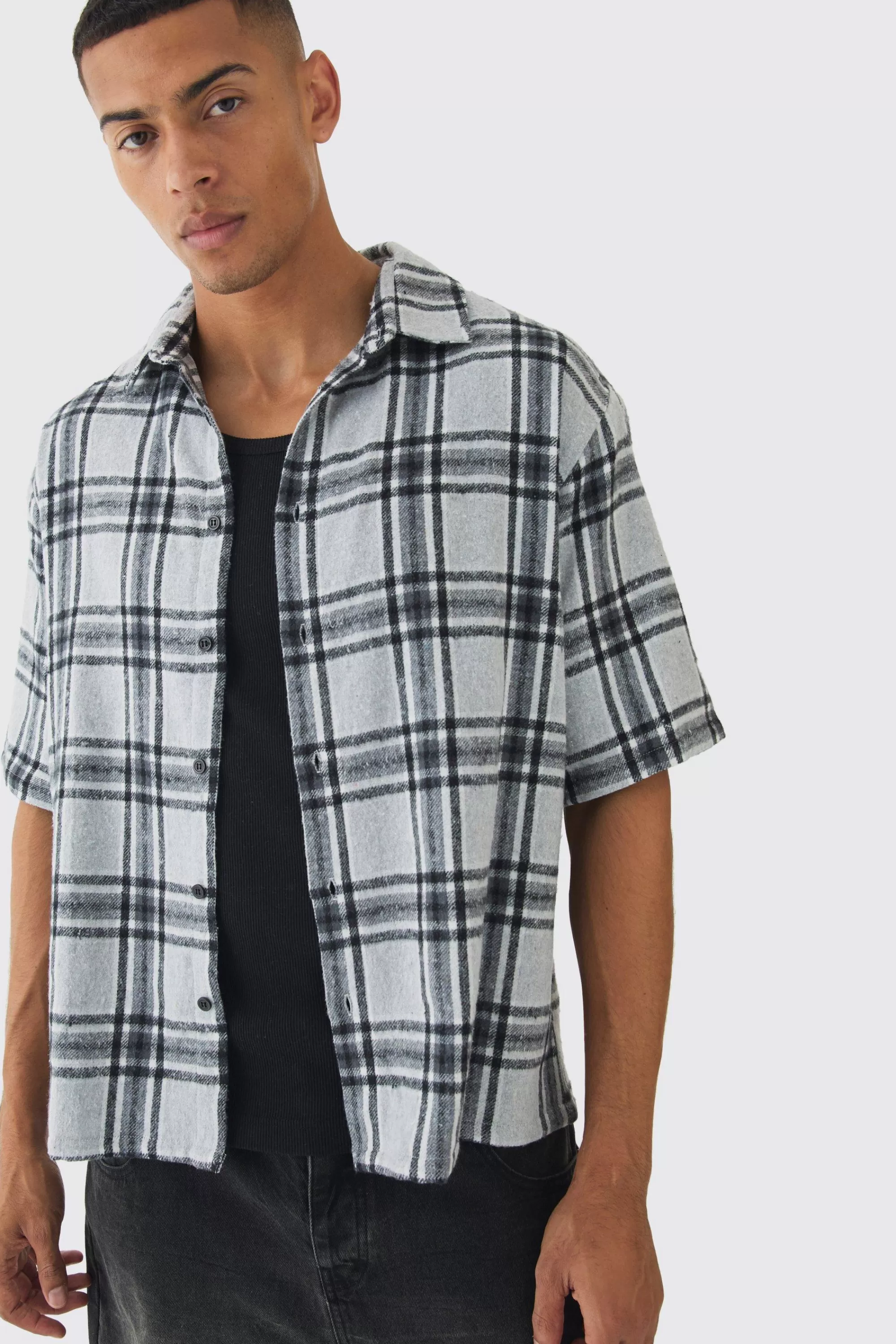 boohooMAN Short Sleeve Checked Oversized Shirt | UK