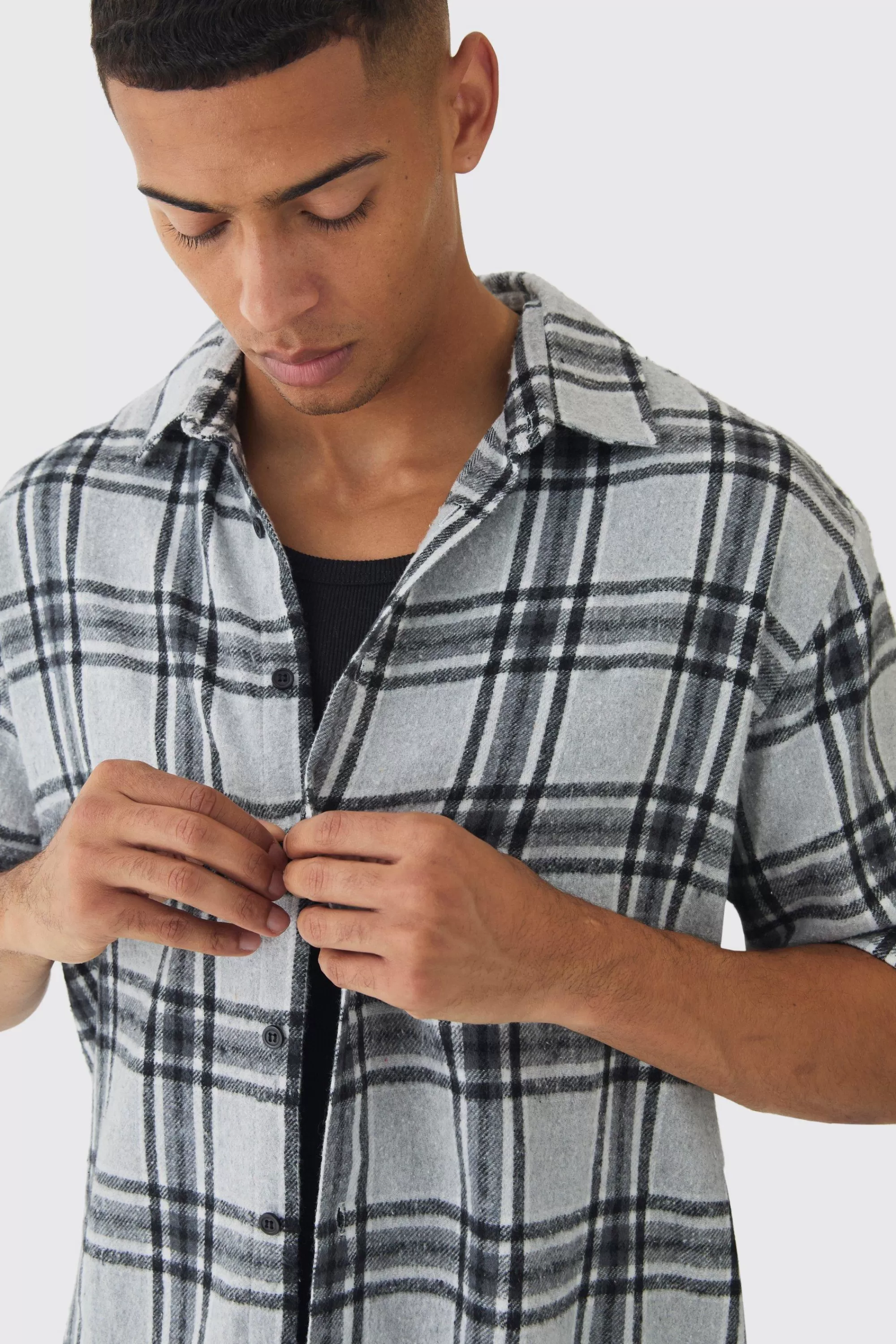 boohooMAN Short Sleeve Checked Oversized Shirt | UK
