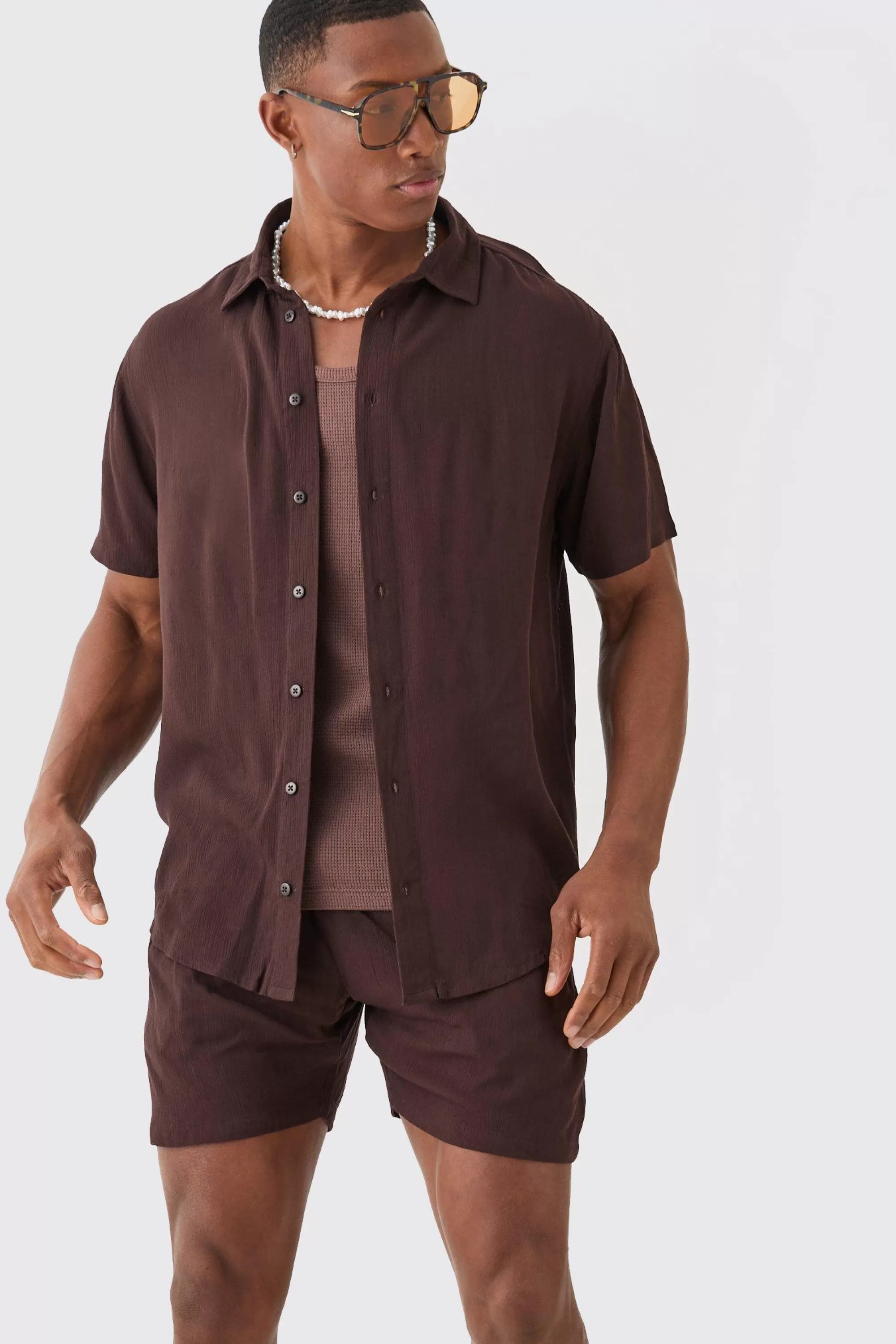 boohooMAN Short Sleeve Cheese Cloth Shirt And Short Set | UK