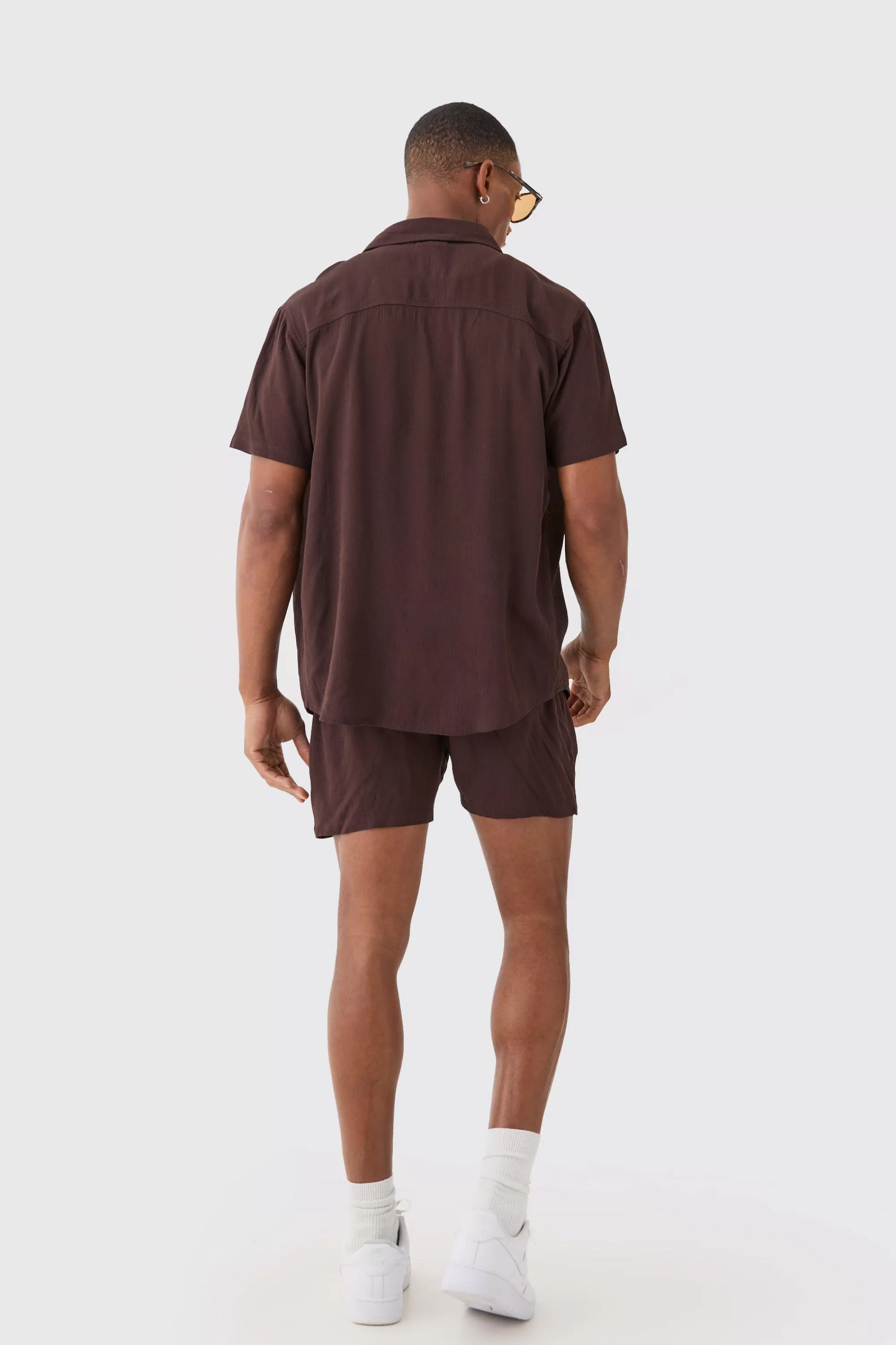 boohooMAN Short Sleeve Cheese Cloth Shirt And Short Set | UK
