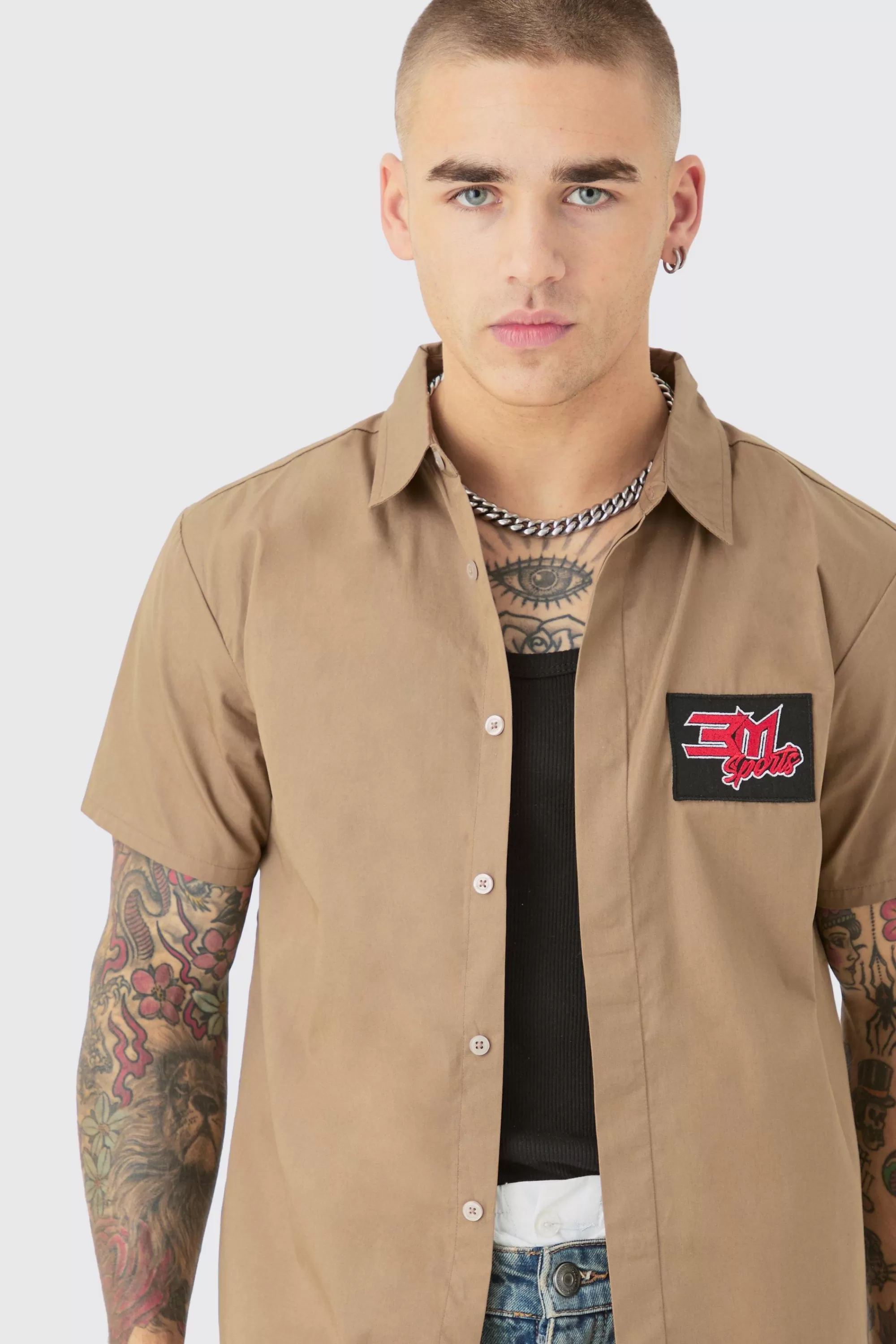 boohooMAN Short Sleeve Concealed Placket Moto Poplin Shirt | UK