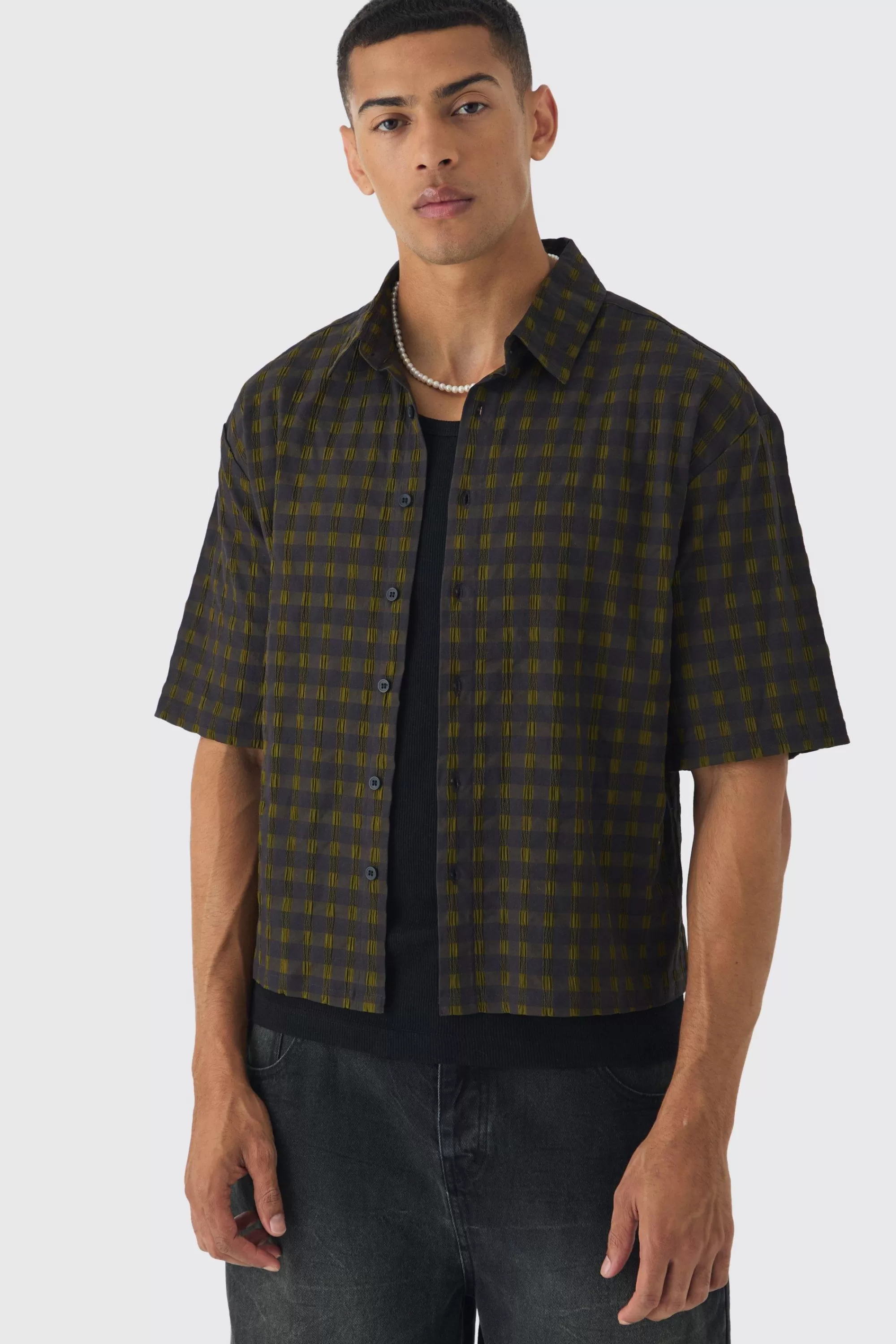 boohooMAN Short Sleeve Crinkle Checked Oversized Shirt | UK