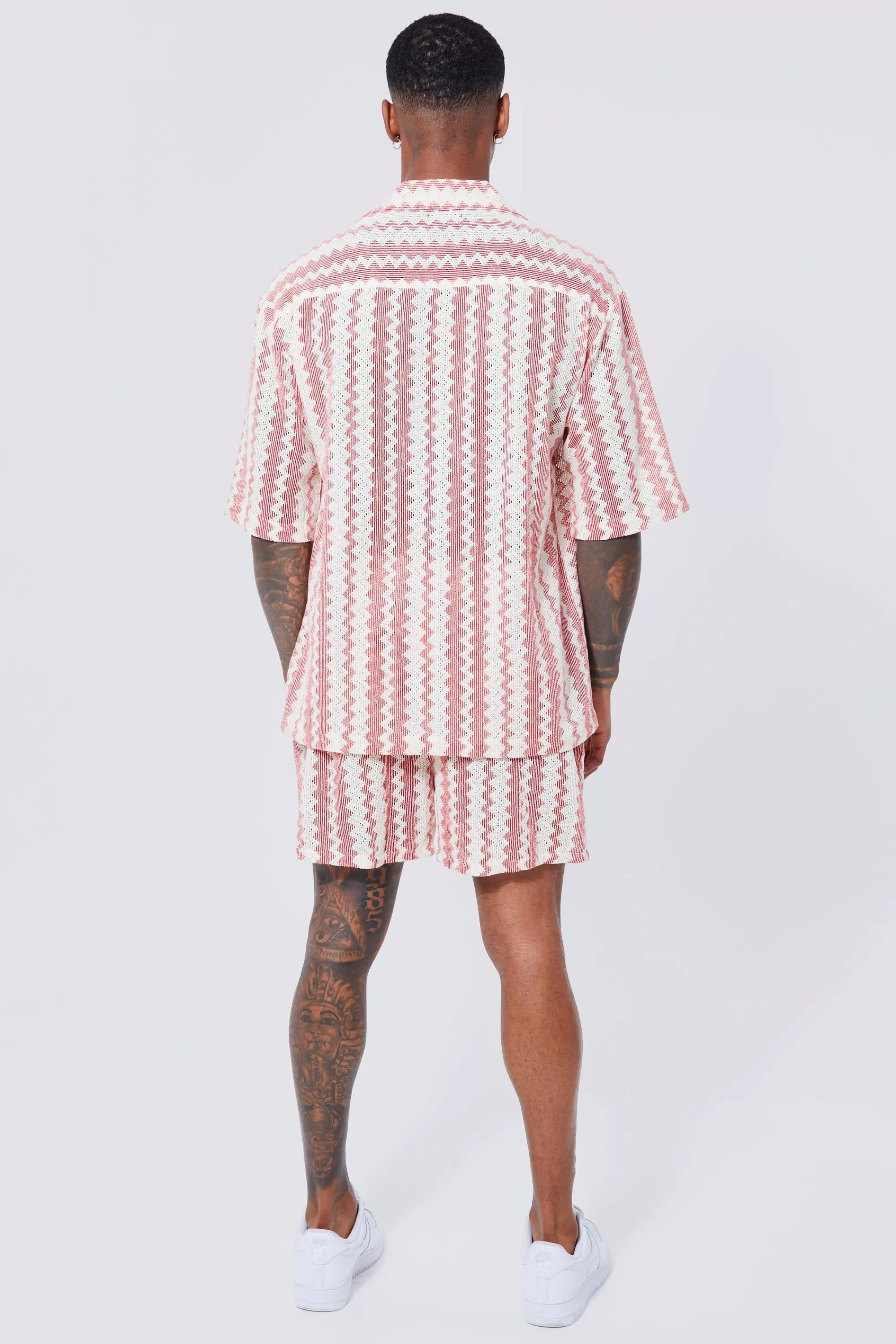 boohooMAN Short Sleeve Drop Revere Zig Zag Open Weave Shirt And Short | UK
