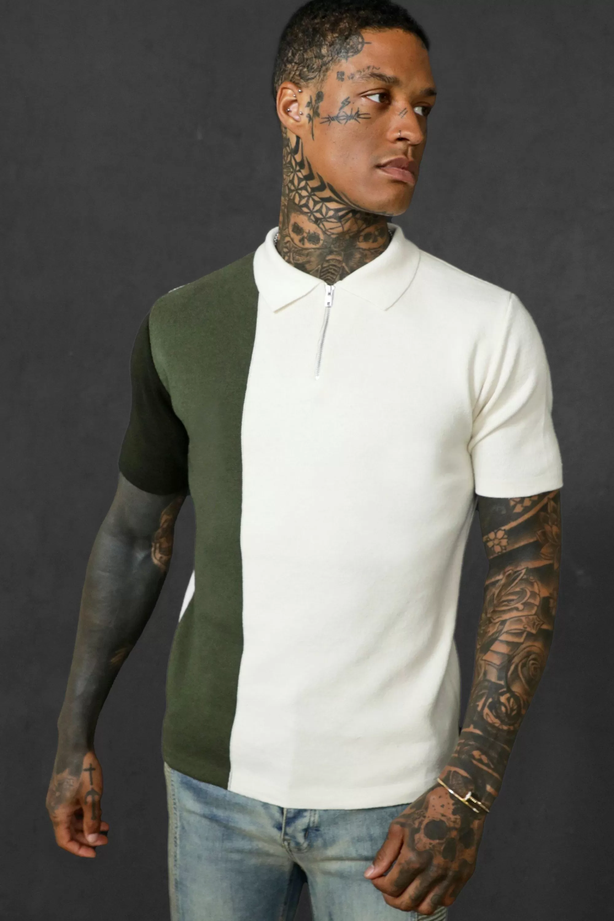 boohooMAN Short Sleeve Half Zip Colour Block Knit Polo | UK